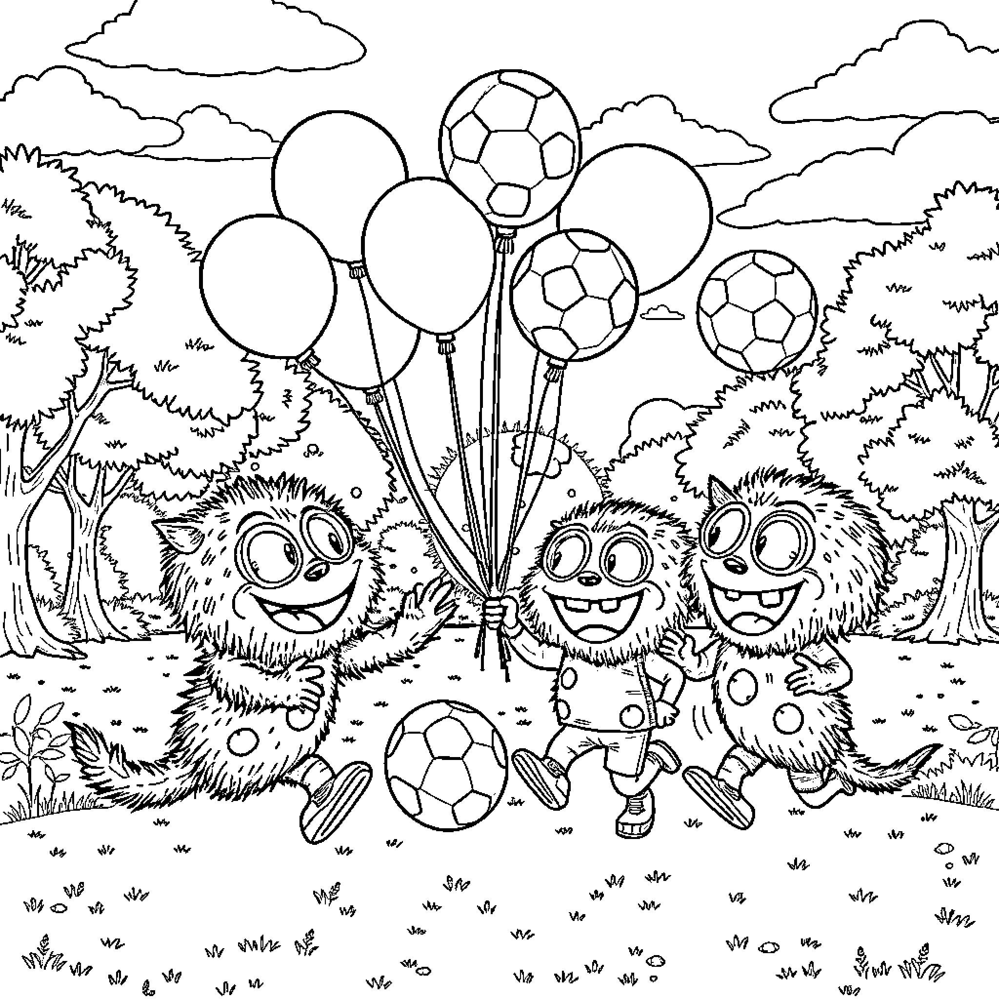 Momonster's Playful Gathering with Soccer Balls and Balloons Coloring Page (free black-and-white line drawing printable PDF for all, from beginners to advanced learners, including children, teens, adults, and seniors)