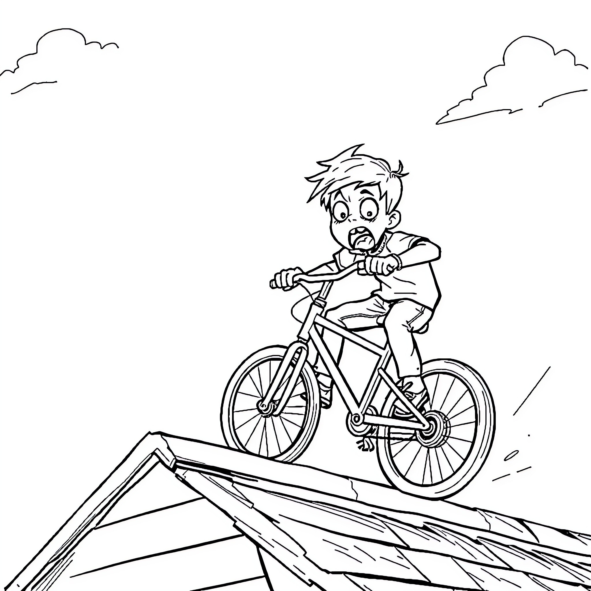 Kid riding bike on a rough terrain Coloring Page (free black-and-white line drawing printable PDF for all, from beginners to advanced learners, including children, teens, adults, and seniors)