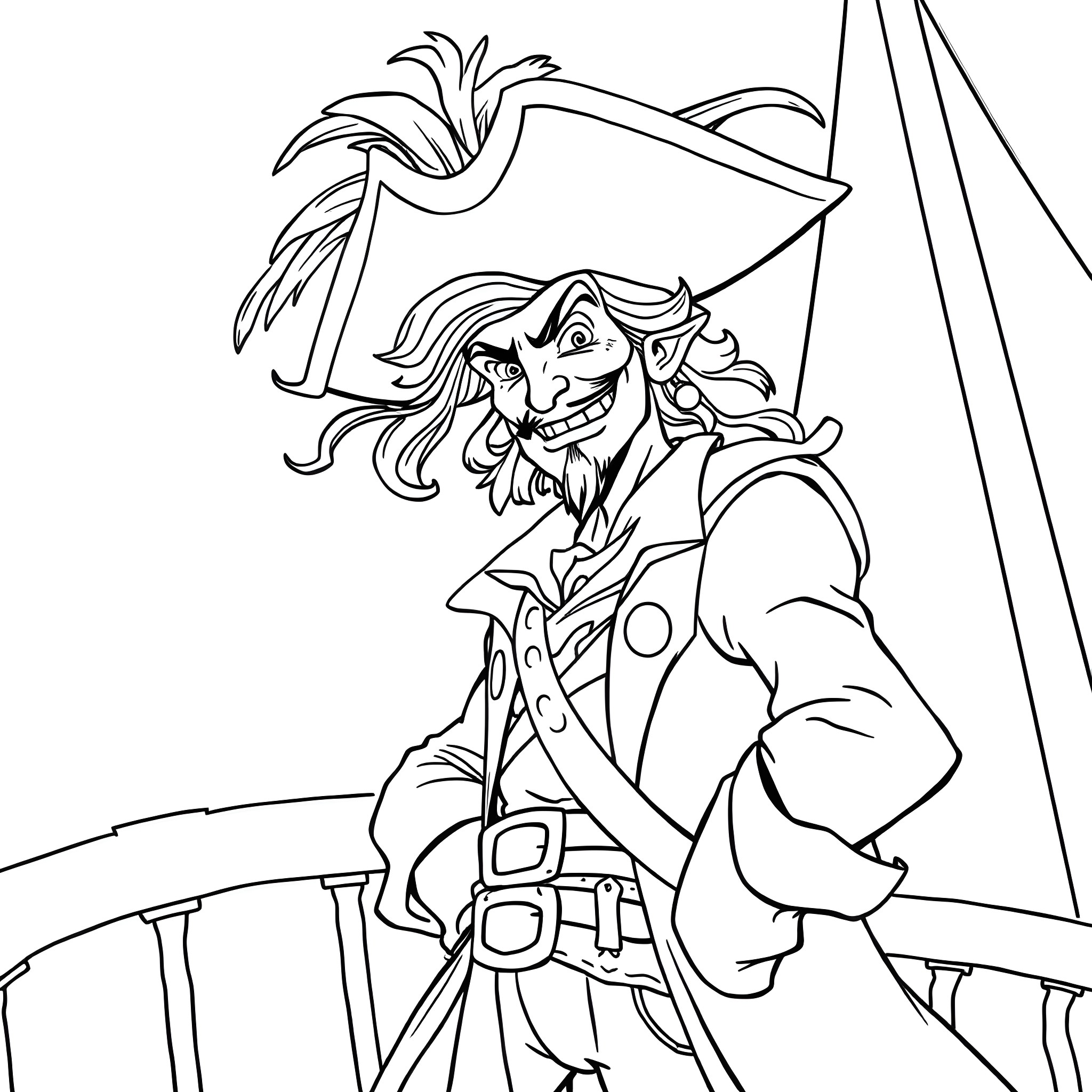 Captain Hook's Mischievous Pirate Adventure Coloring Page (free black-and-white line drawing printable PDF for all, from beginners to advanced learners, including children, teens, adults, and seniors)