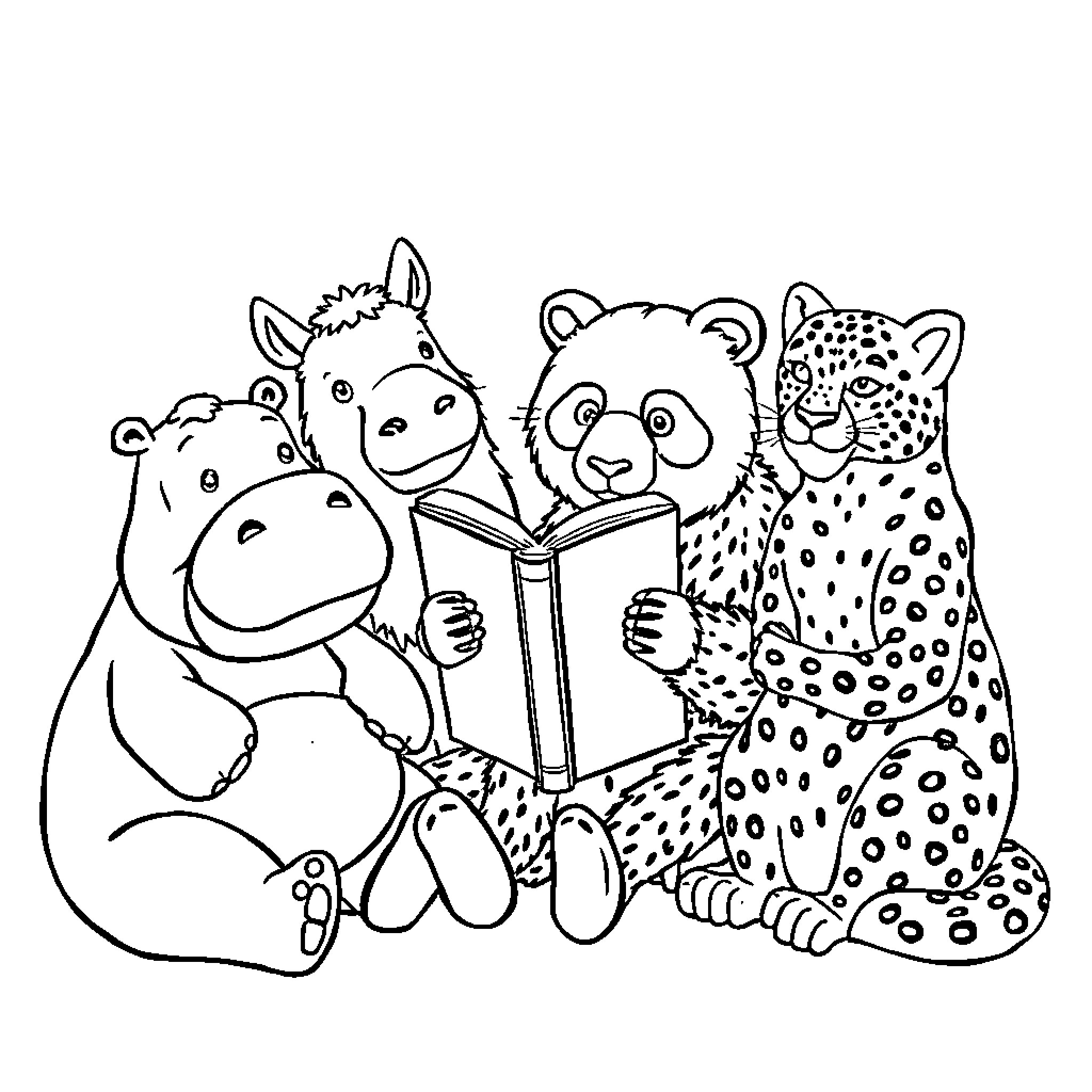Animal friends reading together happily Coloring Page (free black-and-white line drawing printable PDF for all, from beginners to advanced learners, including children, teens, adults, and seniors)