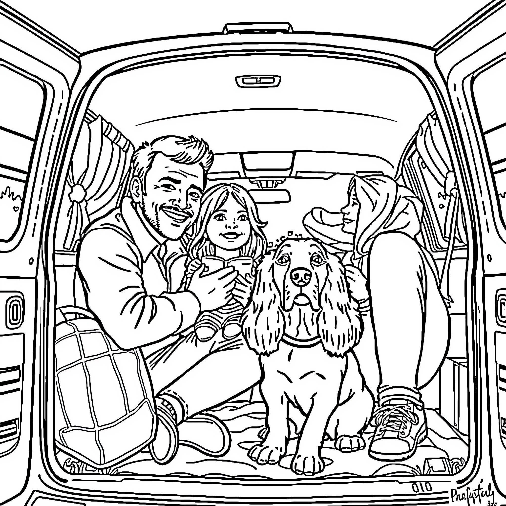 Campervan family adventure with pets Coloring Page (free black-and-white line drawing printable PDF for all, from beginners to advanced learners, including children, teens, adults, and seniors)