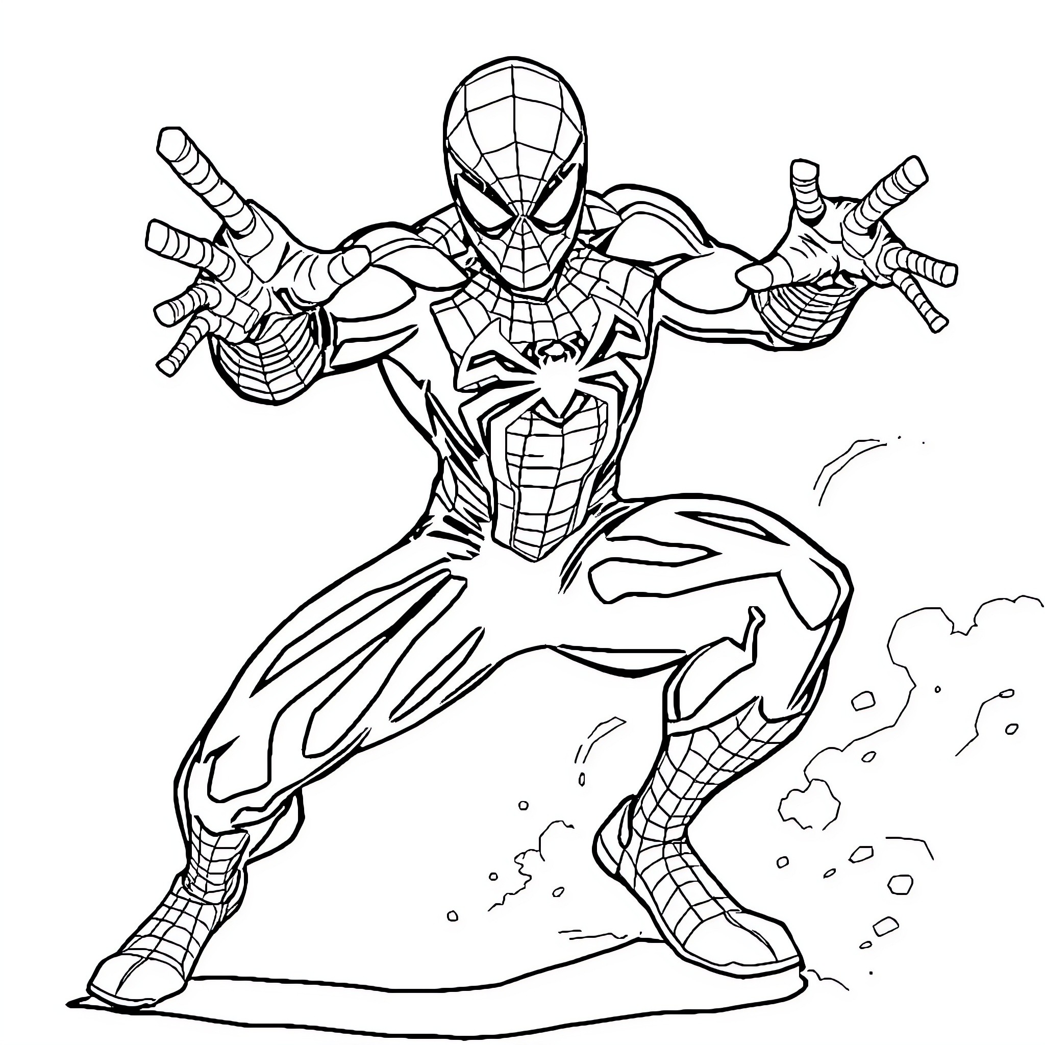 Spider-Man heroically poses in action Coloring Page (free black-and-white line drawing printable PDF for all, from beginners to advanced learners, including children, teens, adults, and seniors)