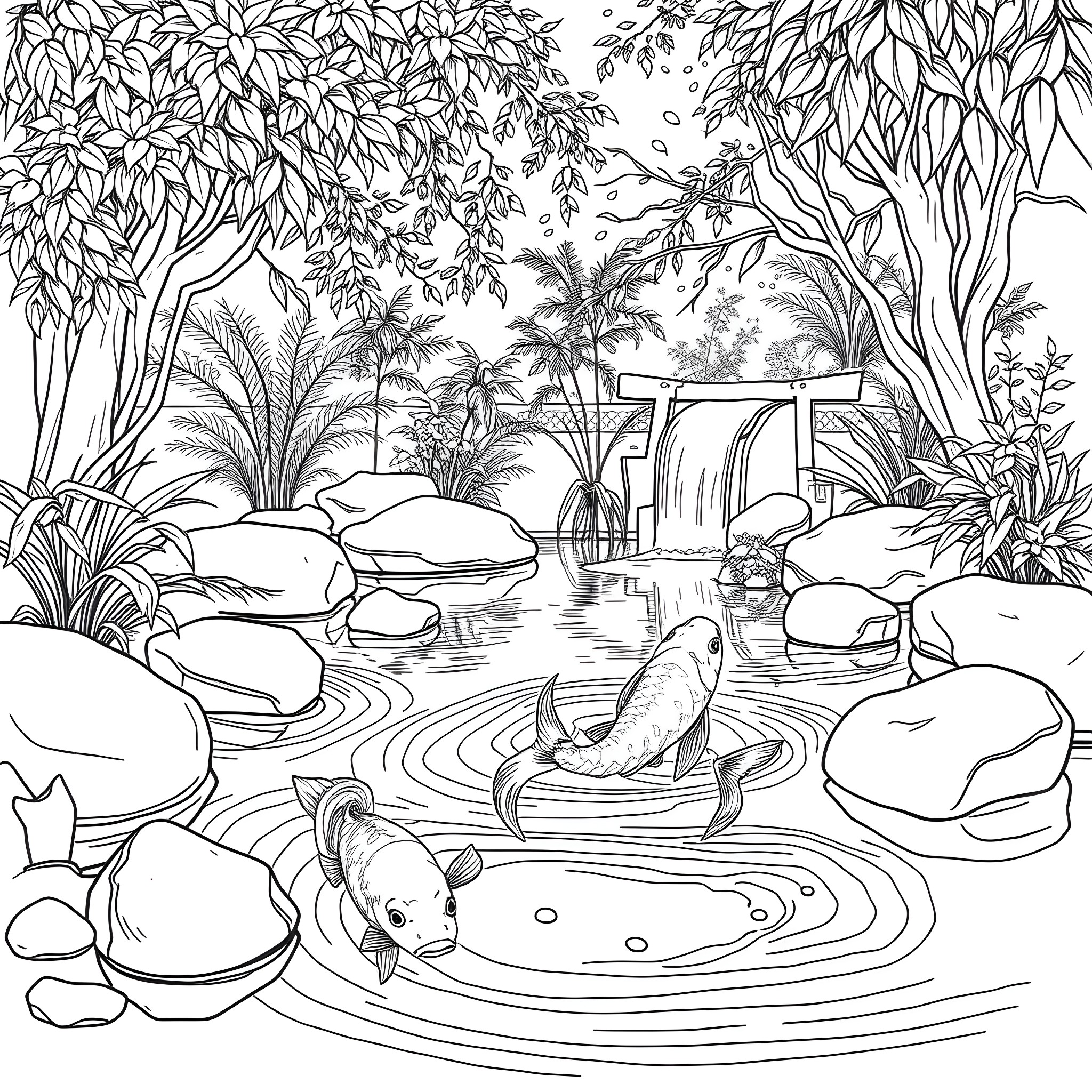 Koi Pond in Lush Tropical Garden Coloring Page (free black-and-white line drawing printable PDF for all, from beginners to advanced learners, including children, teens, adults, and seniors)