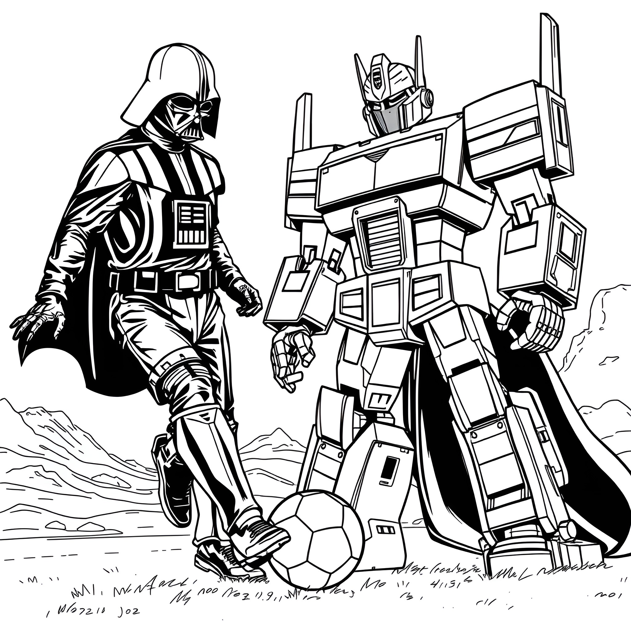 Darth Vader and Transformers Robot in Iconic Confrontation Coloring Page (free black-and-white line drawing printable PDF for all, from beginners to advanced learners, including children, teens, adults, and seniors)