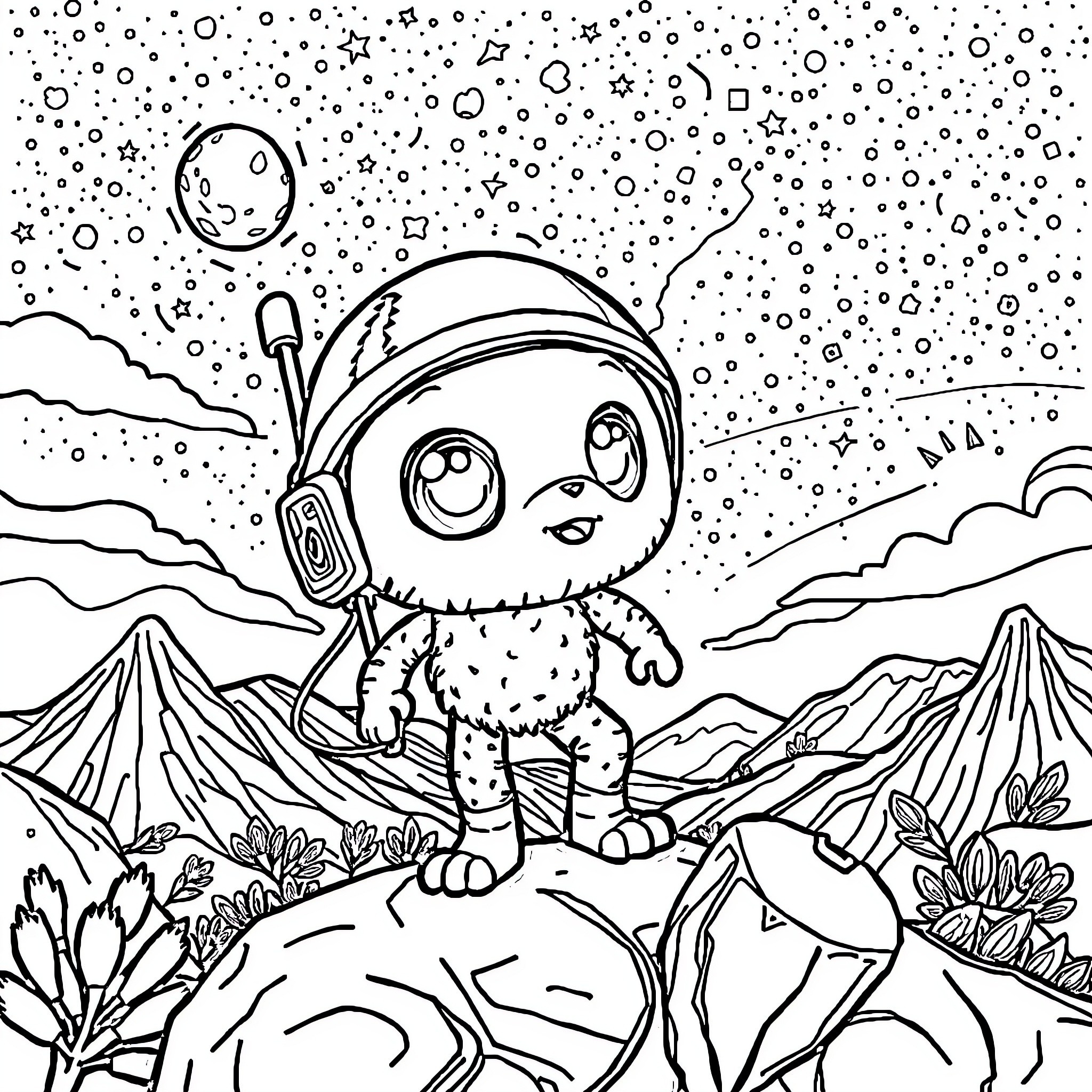Astro Creature Exploring Alien Landscape Coloring Page (free black-and-white line drawing printable PDF for all, from beginners to advanced learners, including children, teens, adults, and seniors)