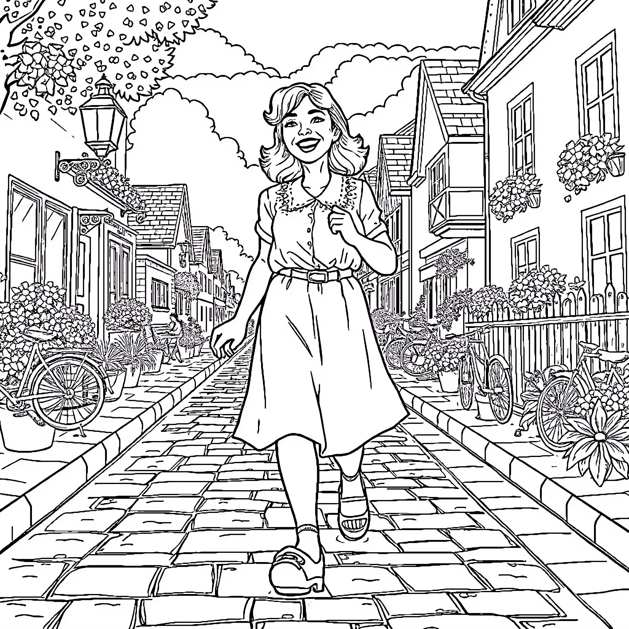 Woman walking cheerfully through a quaint village Coloring Page (free black-and-white line drawing printable PDF for all, from beginners to advanced learners, including children, teens, adults, and seniors)