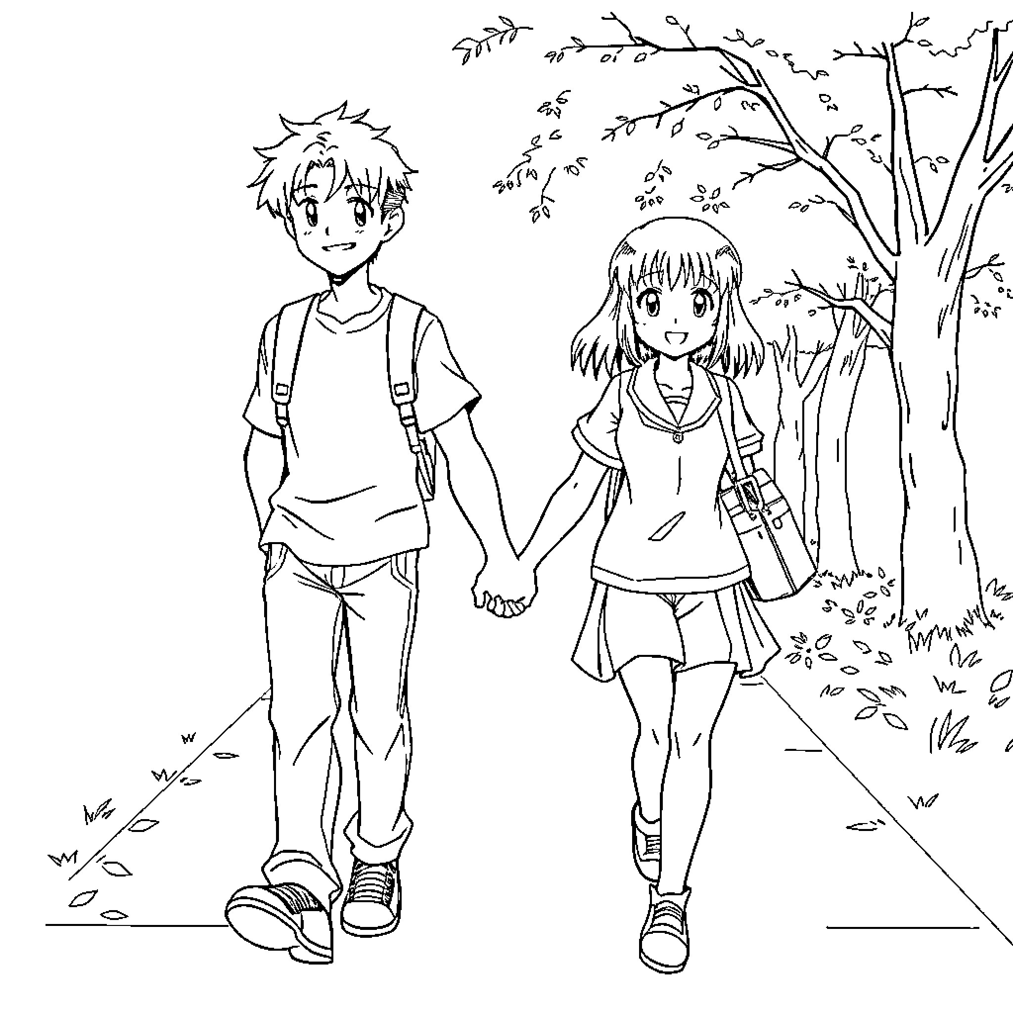 Ranma and Akane walking together in the park Coloring Page (free black-and-white line drawing printable PDF for all, from beginners to advanced learners, including children, teens, adults, and seniors)