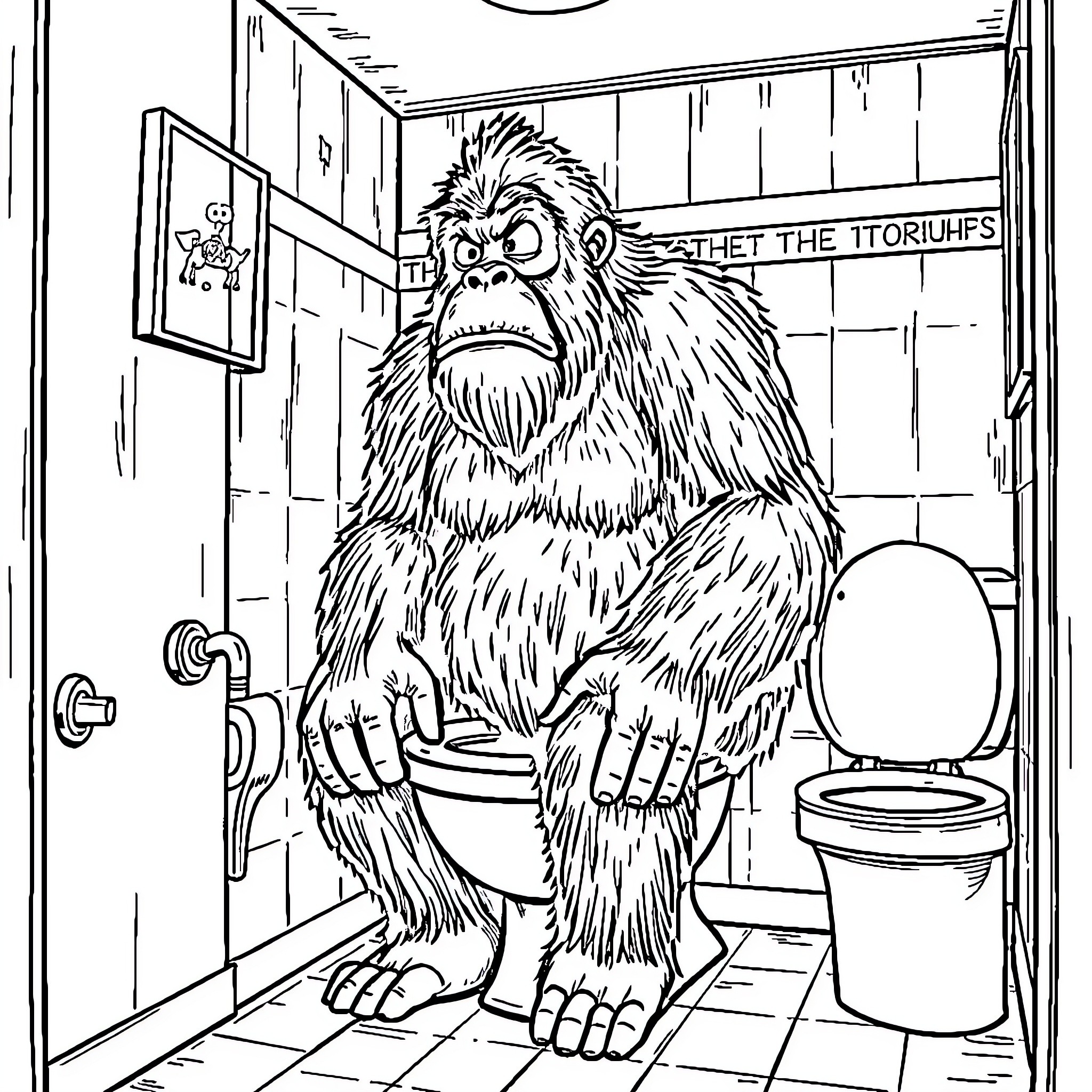 Bigfoot relaxing on the toilet in the restroom Coloring Page (free black-and-white line drawing printable PDF for all, from beginners to advanced learners, including children, teens, adults, and seniors)
