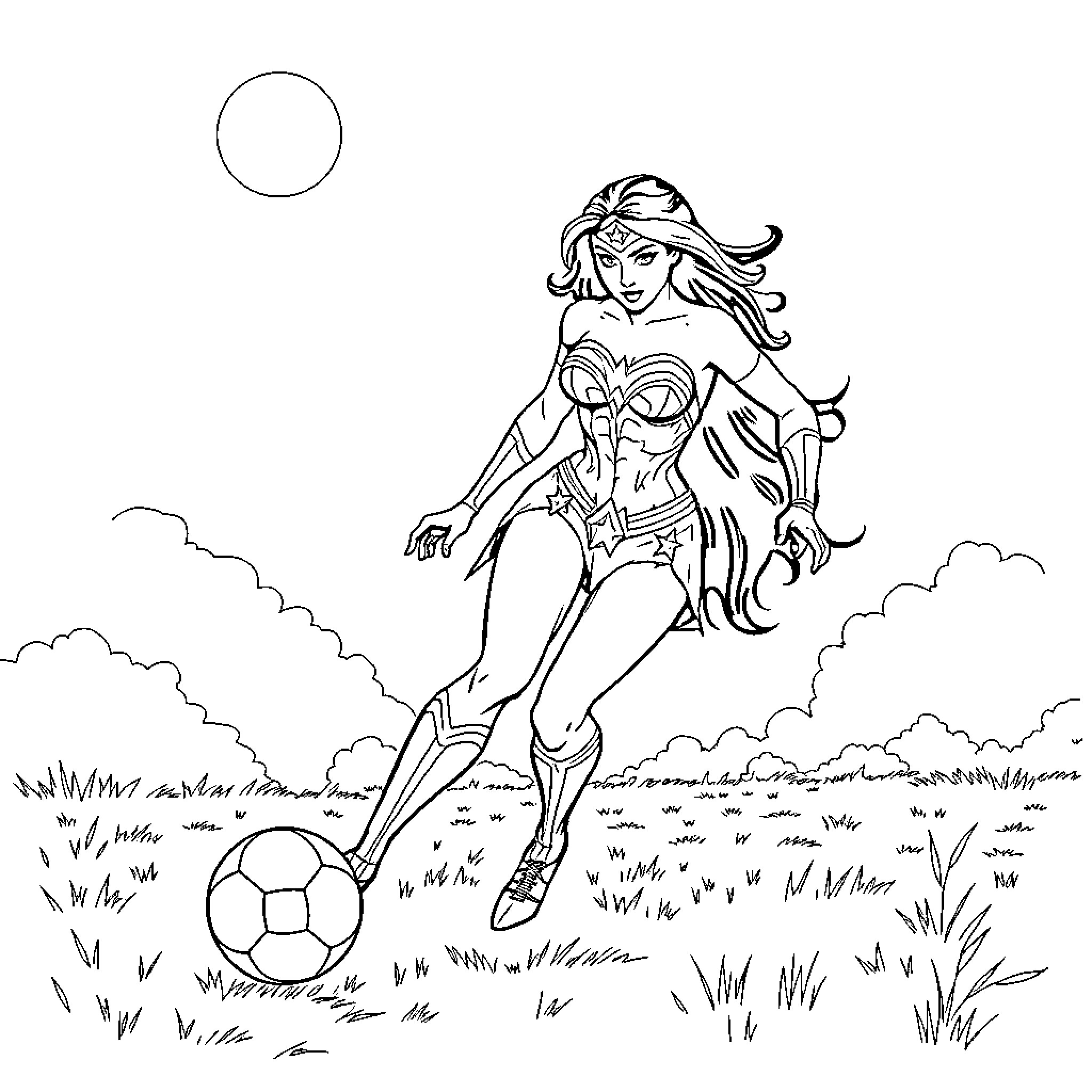 Wonder Woman playing soccer in a grassy field Coloring Page (free black-and-white line drawing printable PDF for all, from beginners to advanced learners, including children, teens, adults, and seniors)