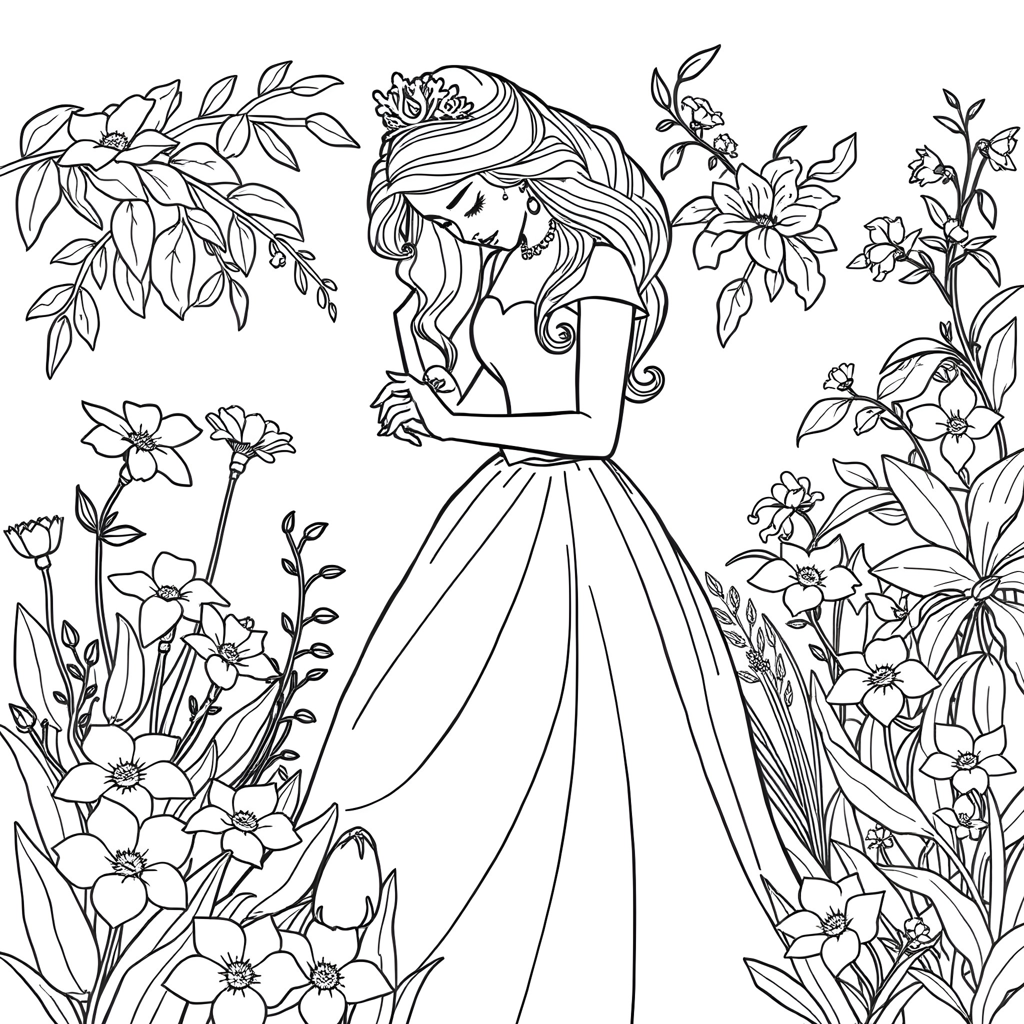Princess amidst a beautiful floral garden Coloring Page (free black-and-white line drawing printable PDF for all, from beginners to advanced learners, including children, teens, adults, and seniors)