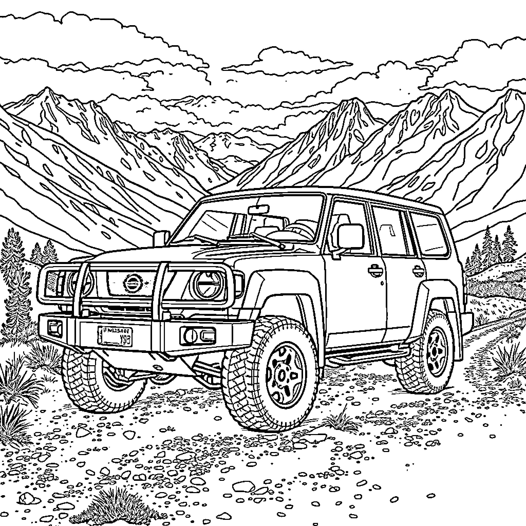 Nissan Patrol off-road adventure in rugged mountain landscape Coloring Page (free black-and-white line drawing printable PDF for all, from beginners to advanced learners, including children, teens, adults, and seniors)
