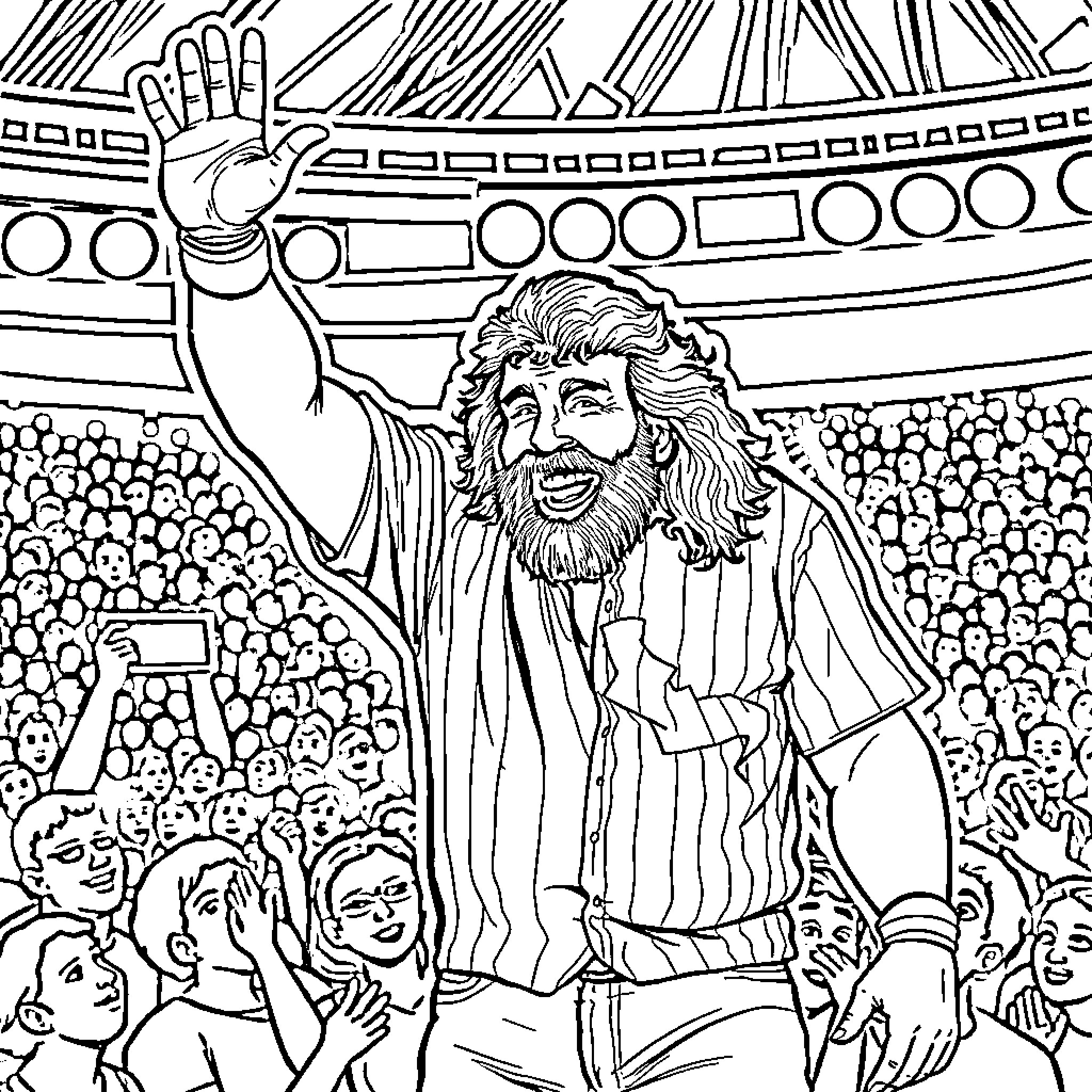Mick Foley Entertaining Enthusiastic Audience Coloring Page (free black-and-white line drawing printable PDF for all, from beginners to advanced learners, including children, teens, adults, and seniors)