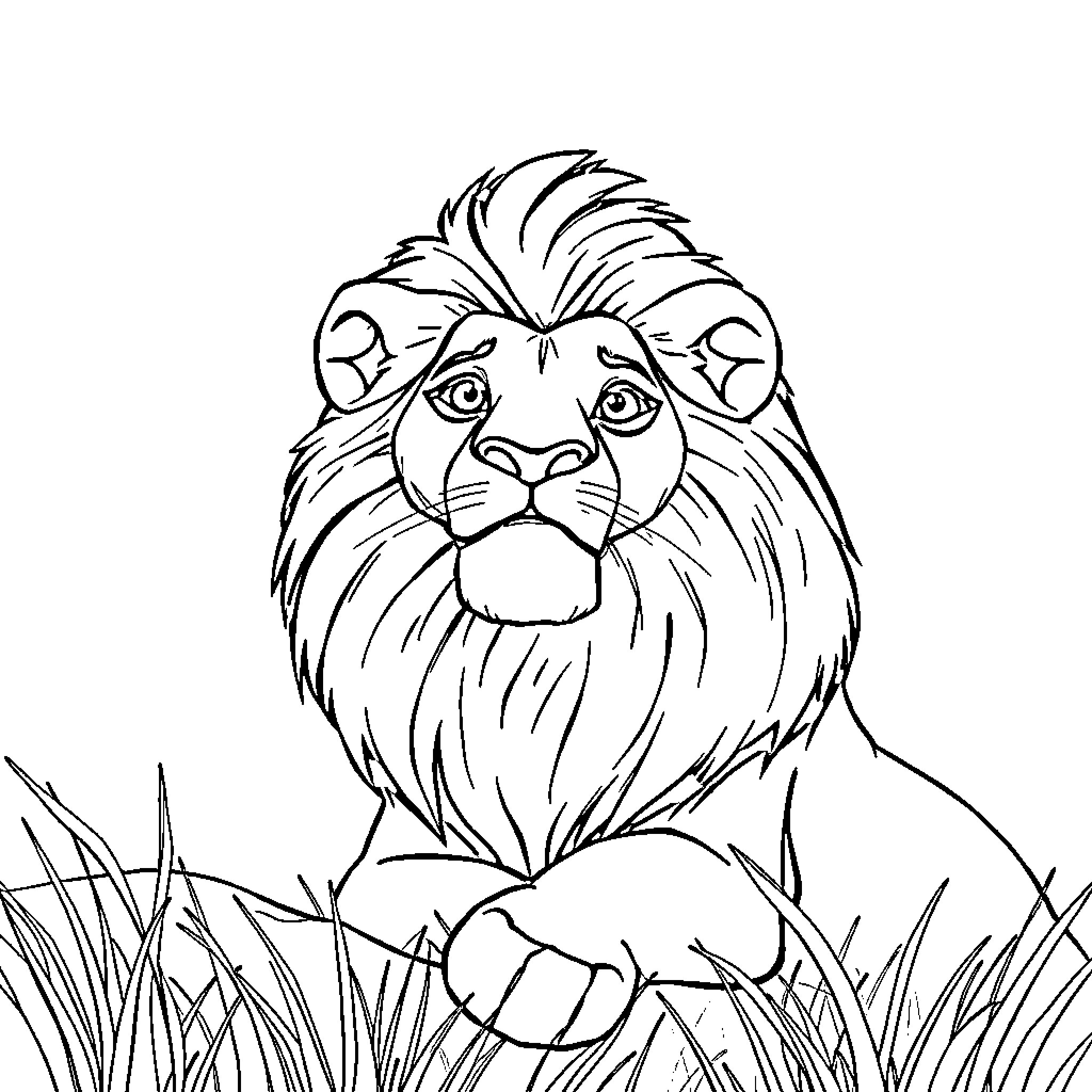 Lion resting peacefully in the wild Coloring Page (free black-and-white line drawing printable PDF for all, from beginners to advanced learners, including children, teens, adults, and seniors)