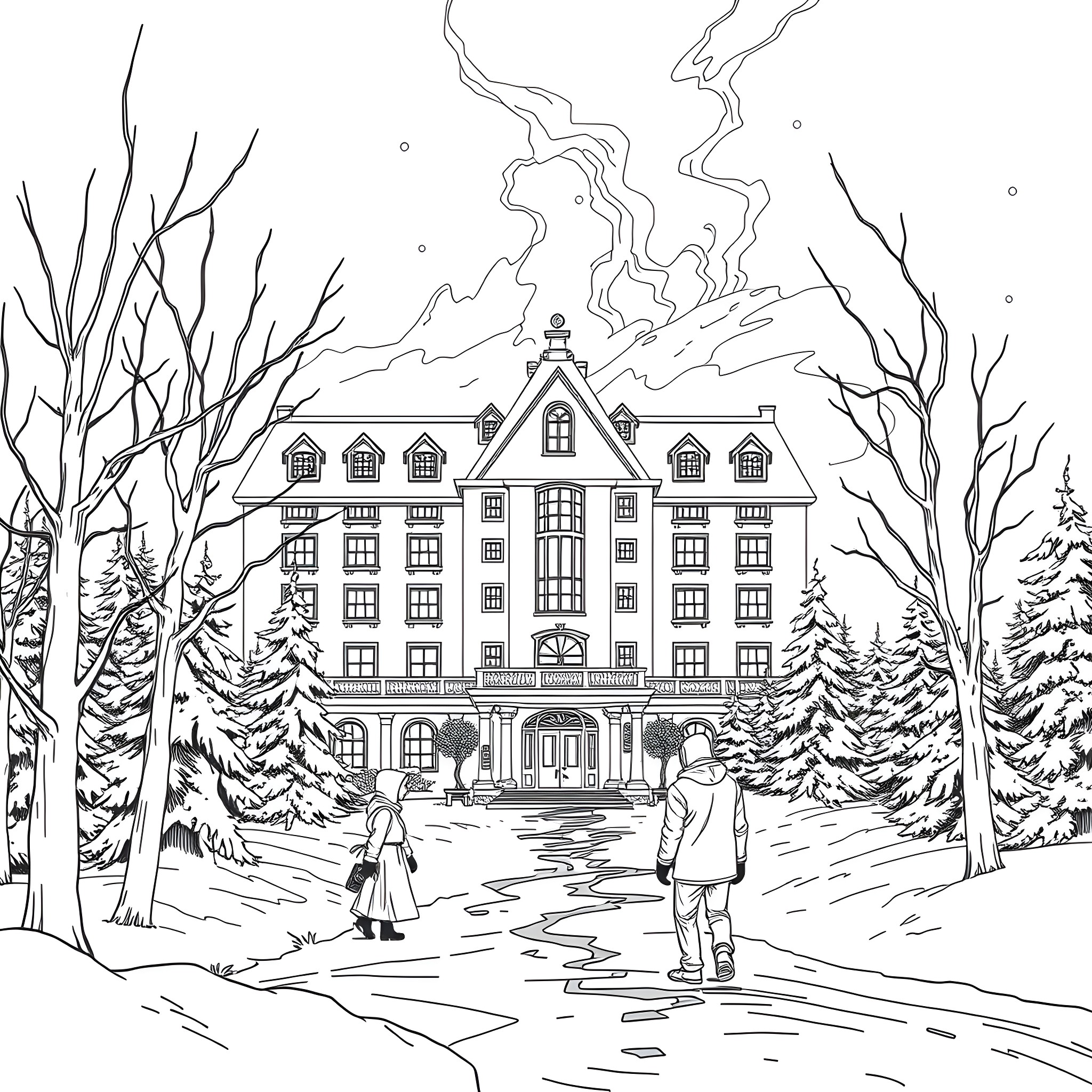 The Shining: Haunting Snowbound Hotel in Winter Wonderland Coloring Page (free black-and-white line drawing printable PDF for all, from beginners to advanced learners, including children, teens, adults, and seniors)