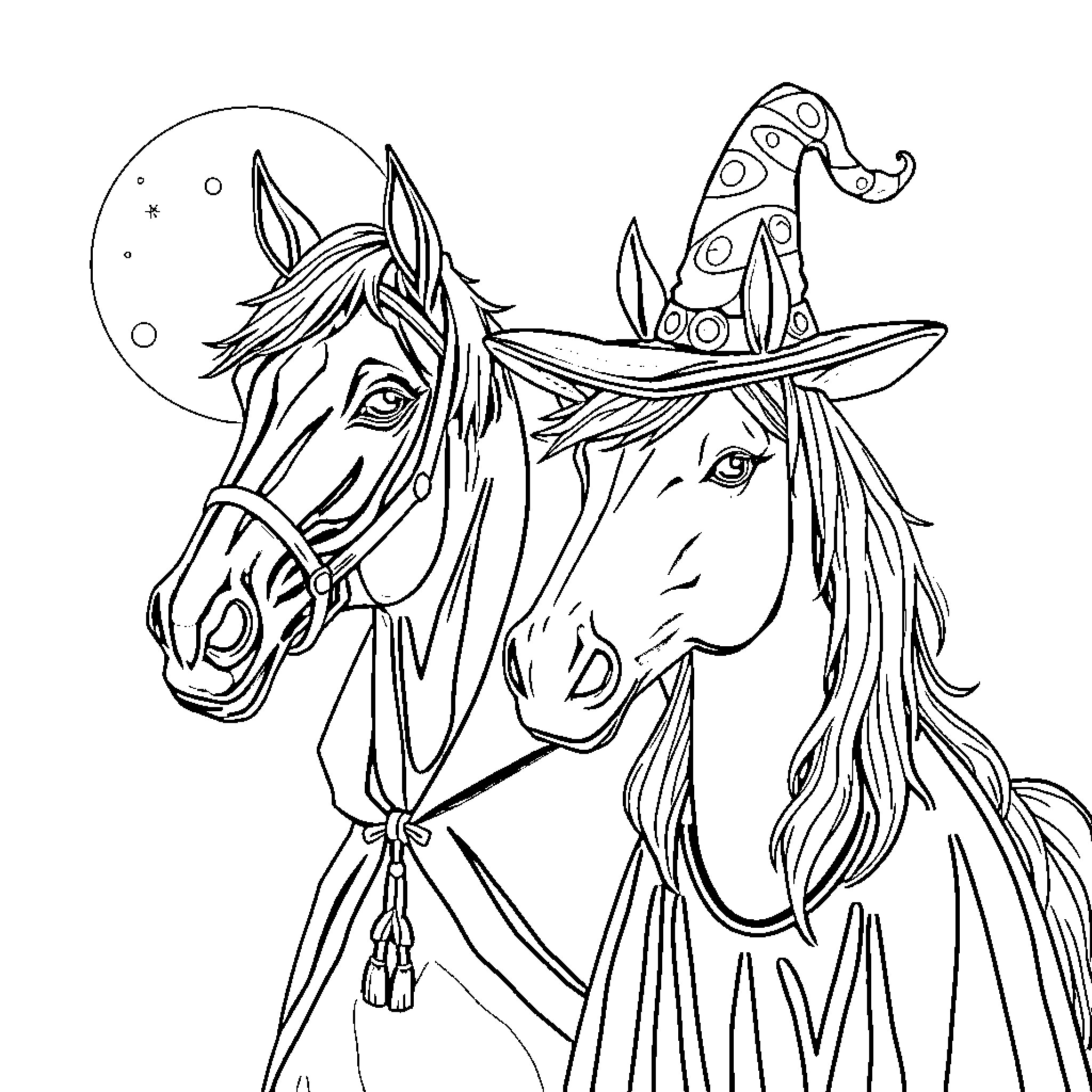 Horse Wearing Whimsical Hat and Harness in Starry Night Coloring Page (free black-and-white line drawing printable PDF for all, from beginners to advanced learners, including children, teens, adults, and seniors)