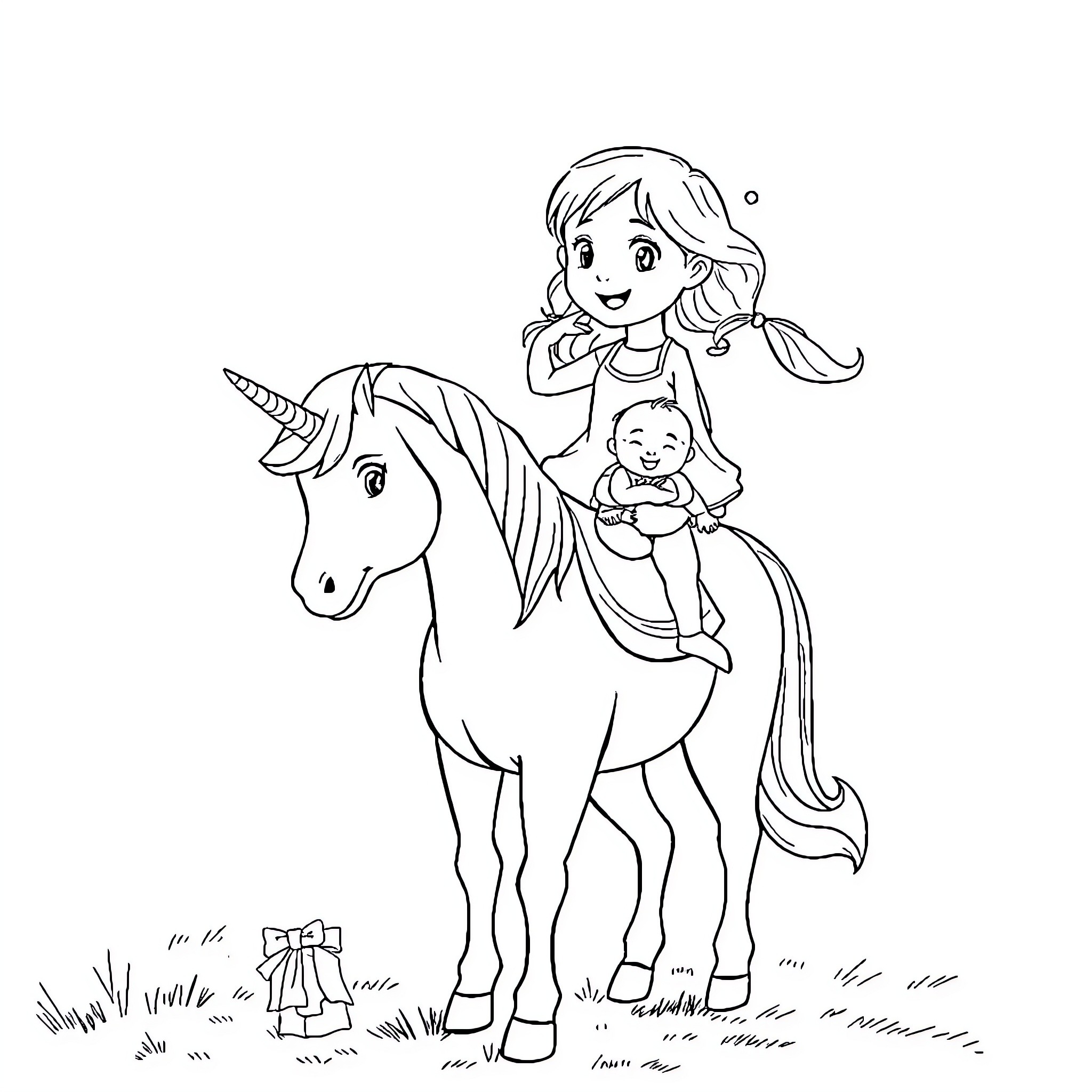 Unicorn Riding with a Young Companion Coloring Page (free black-and-white line drawing printable PDF for all, from beginners to advanced learners, including children, teens, adults, and seniors)