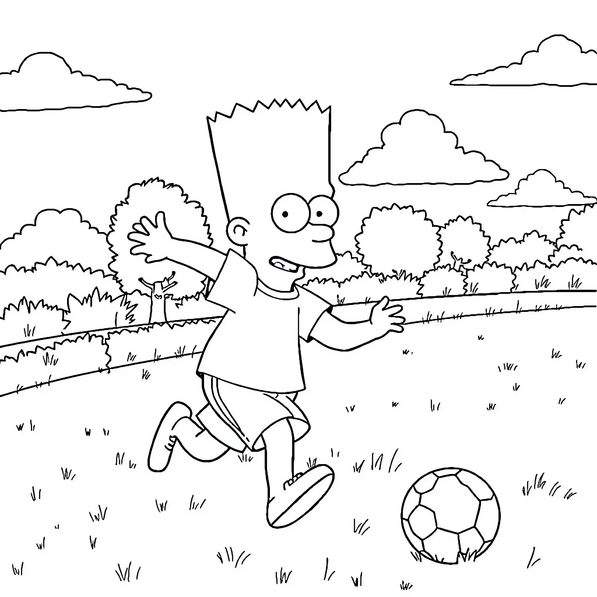 Bart Simpson playing soccer in the park Coloring Page (free black-and-white line drawing printable PDF for all, from beginners to advanced learners, including children, teens, adults, and seniors)