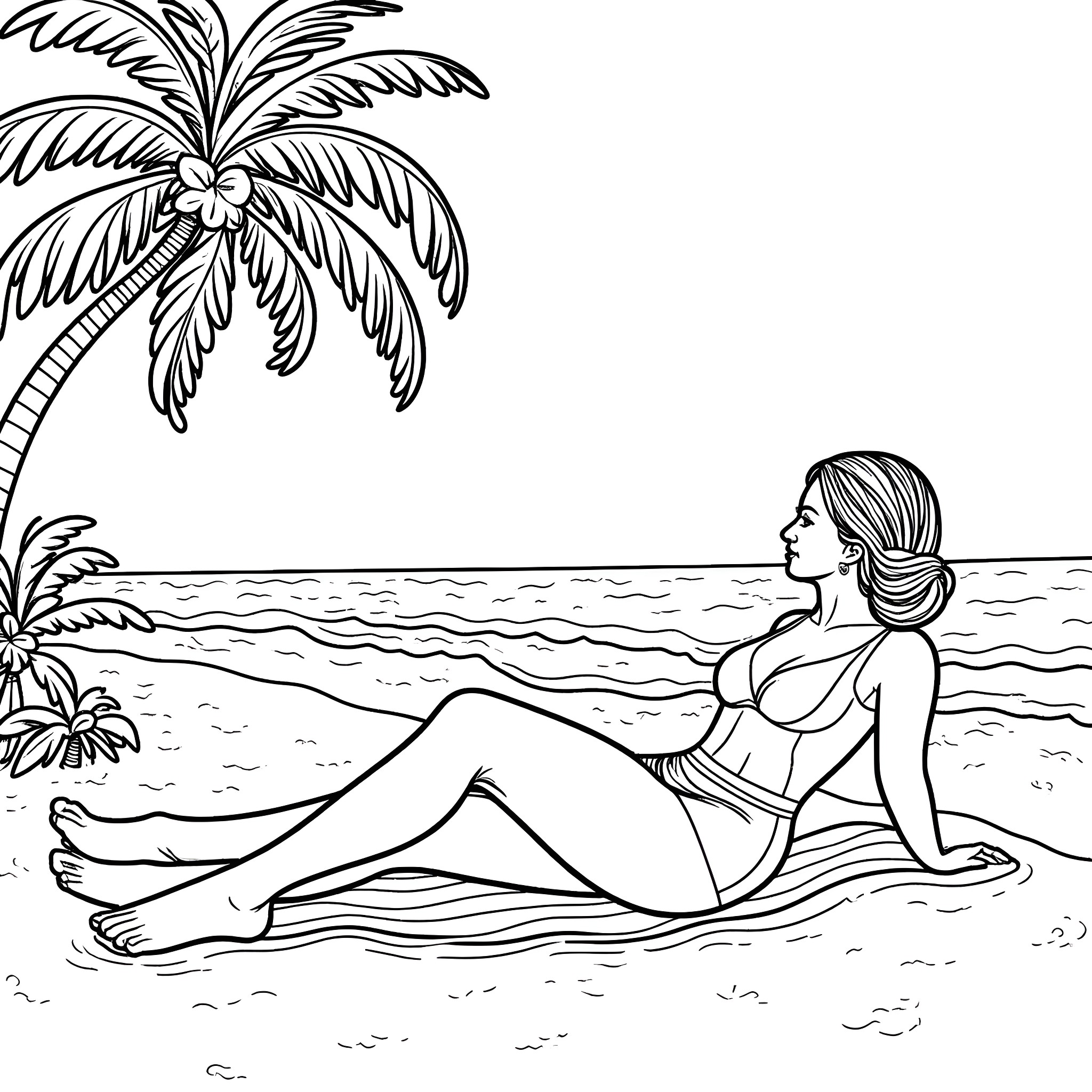 Princess Leia relaxing on a tropical beach Coloring Page (free black-and-white line drawing printable PDF for all, from beginners to advanced learners, including children, teens, adults, and seniors)