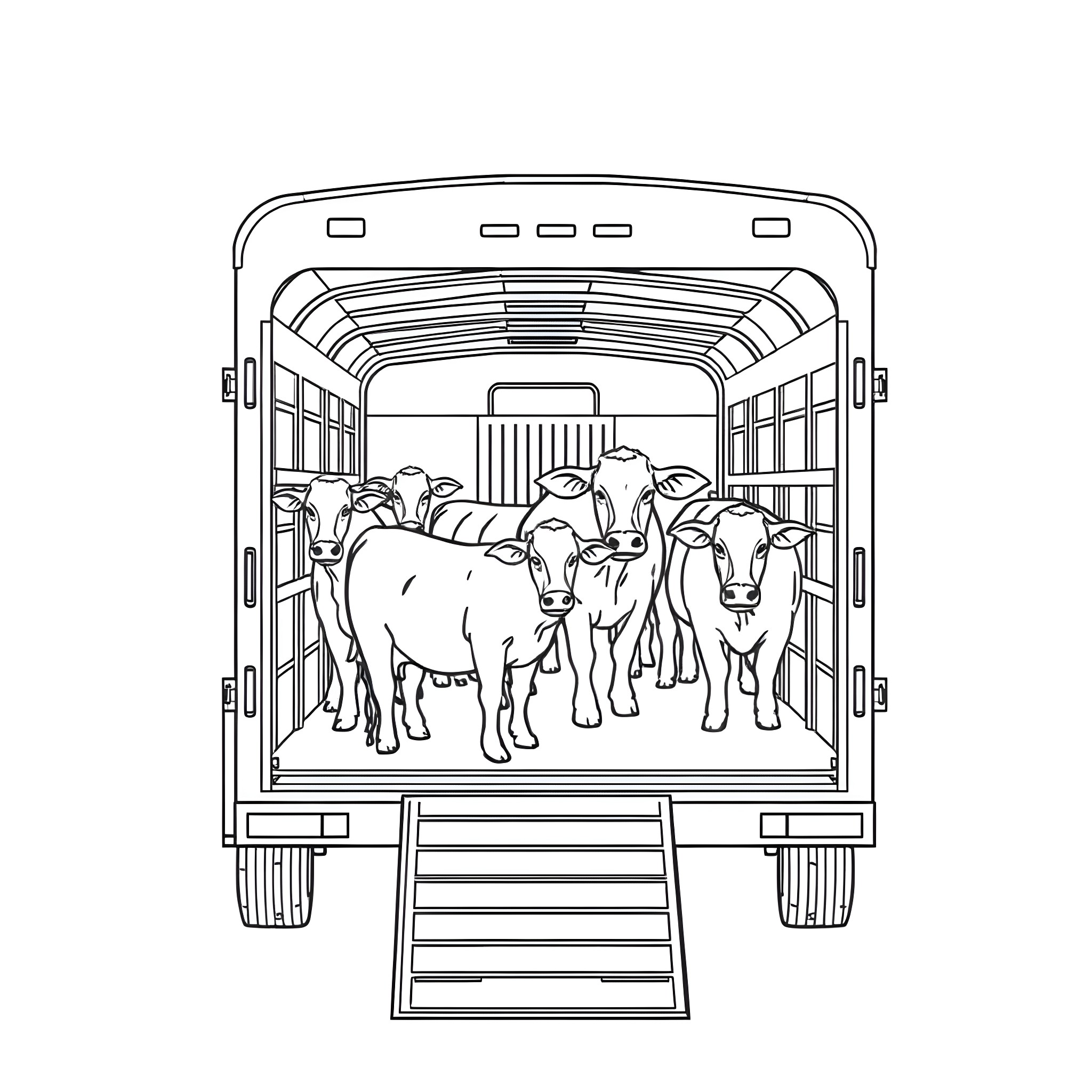 Gooseneck Trailer Transporting Cattle Coloring Page (free black-and-white line drawing printable PDF for all, from beginners to advanced learners, including children, teens, adults, and seniors)