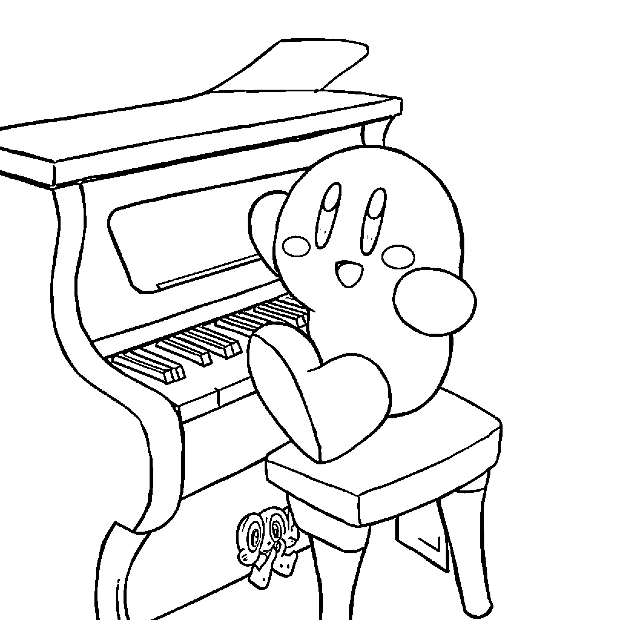 Kirby playing piano joyfully Coloring Page (free black-and-white line drawing printable PDF for all, from beginners to advanced learners, including children, teens, adults, and seniors)
