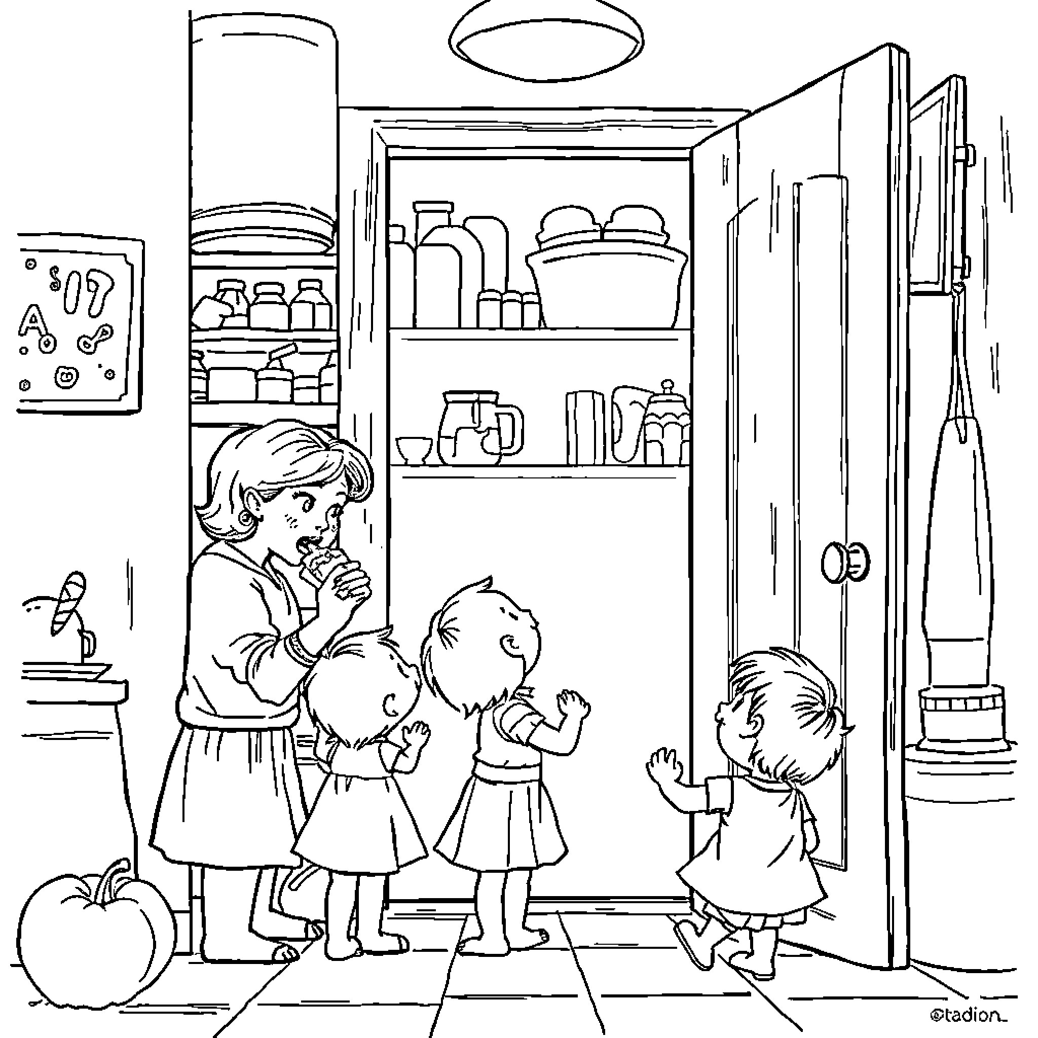 Mother Feeding Her Children in the Kitchen Coloring Page (free black-and-white line drawing printable PDF for all, from beginners to advanced learners, including children, teens, adults, and seniors)