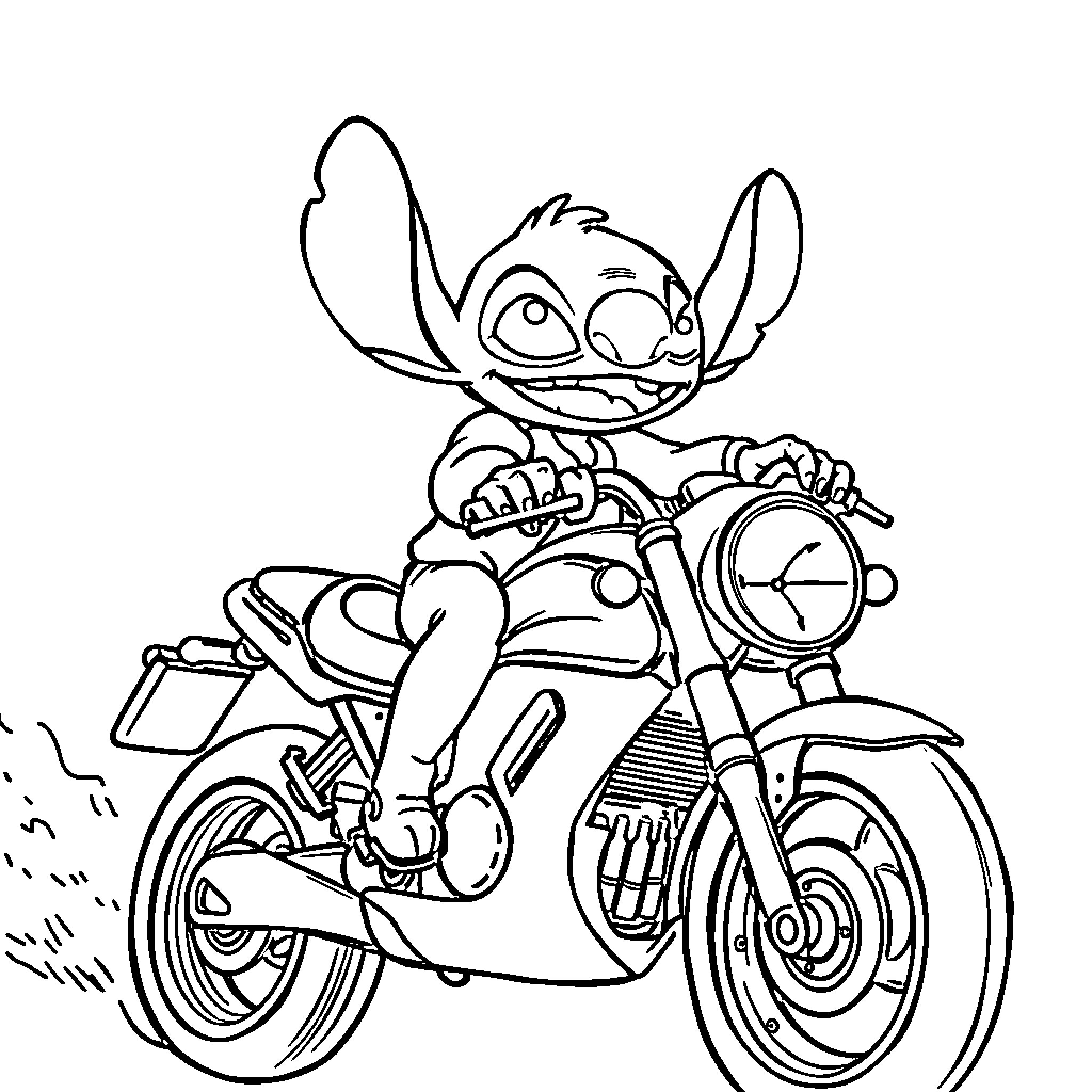 Stitch riding a motorcycle happily Coloring Page (free black-and-white line drawing printable PDF for all, from beginners to advanced learners, including children, teens, adults, and seniors)