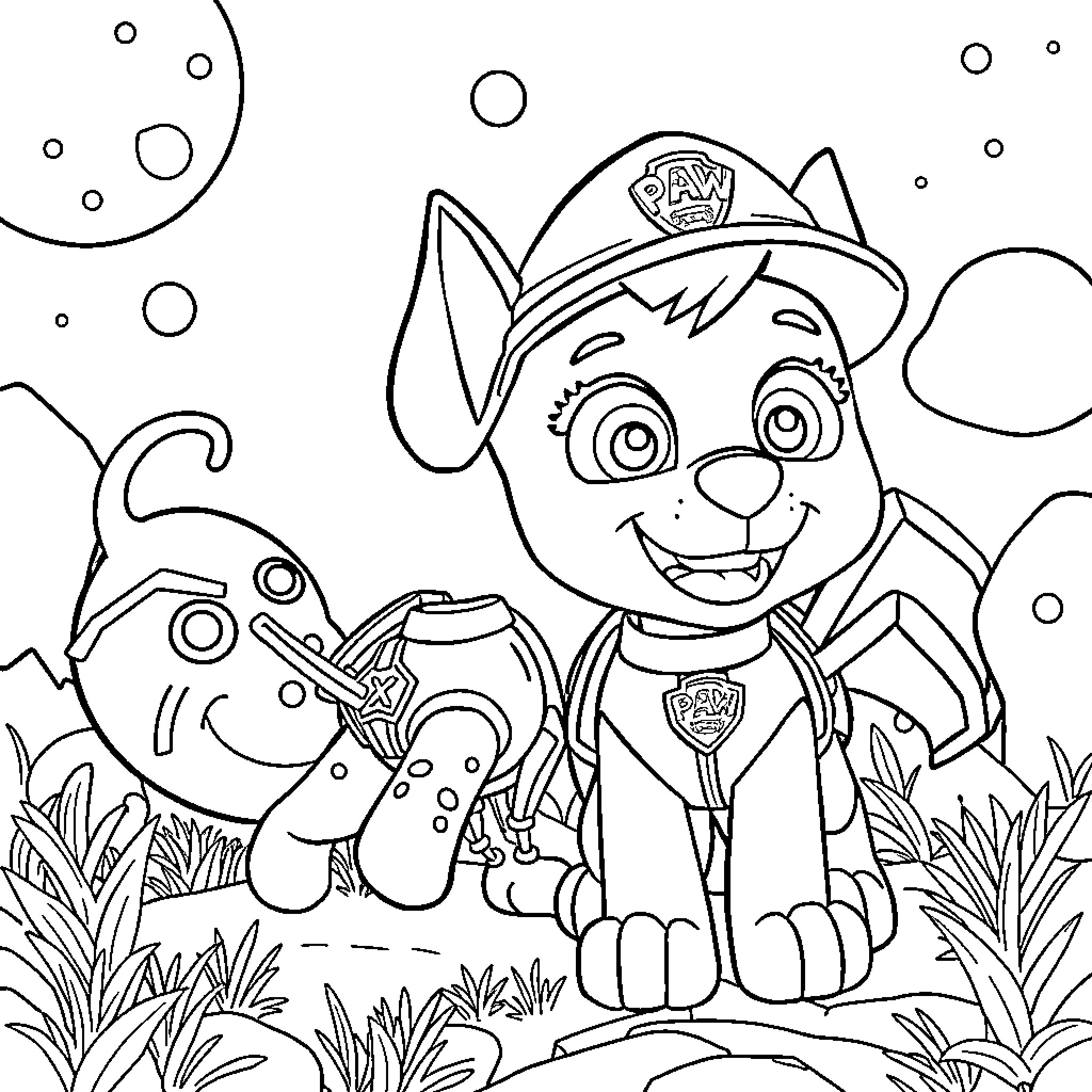 Paw Patrol characters exploring the outdoors Coloring Page (free black-and-white line drawing printable PDF for all, from beginners to advanced learners, including children, teens, adults, and seniors)