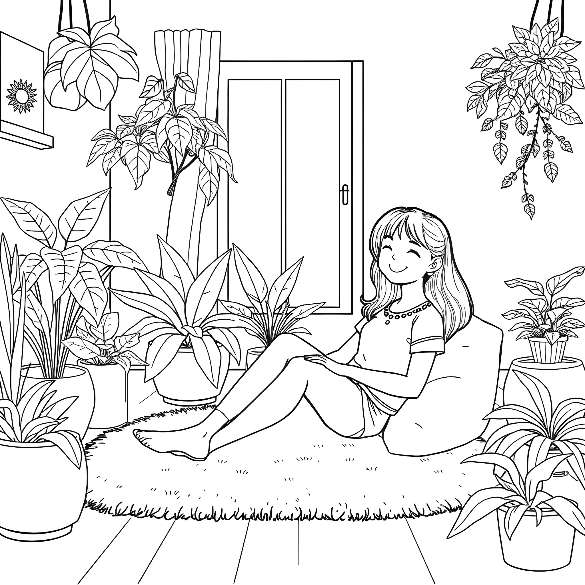 Girl enjoying nature in a cozy indoor greenhouse Coloring Page (free black-and-white line drawing printable PDF for all, from beginners to advanced learners, including children, teens, adults, and seniors)
