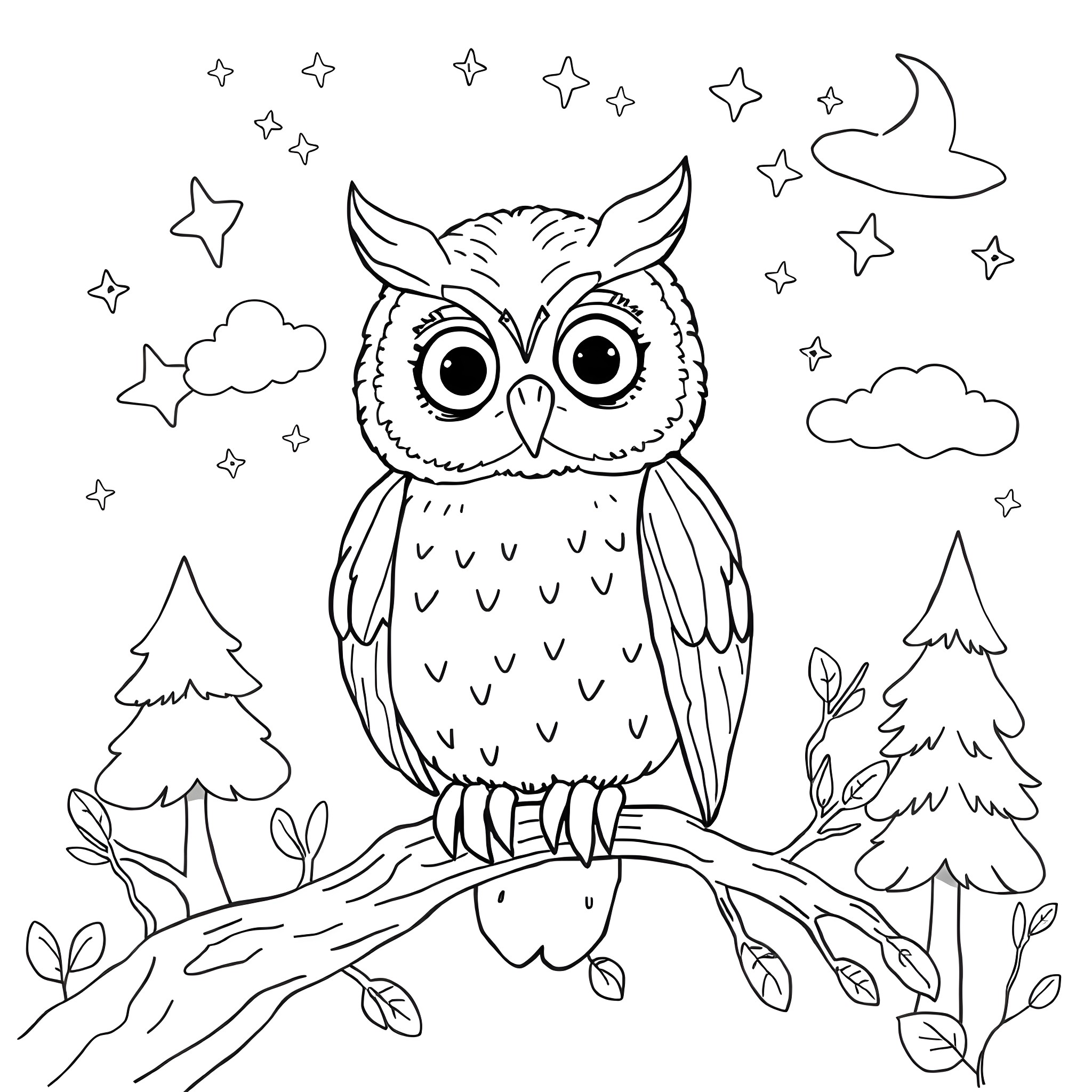 Owl sitting on a branch at night with stars Coloring Page (free black-and-white line drawing printable PDF for all, from beginners to advanced learners, including children, teens, adults, and seniors)