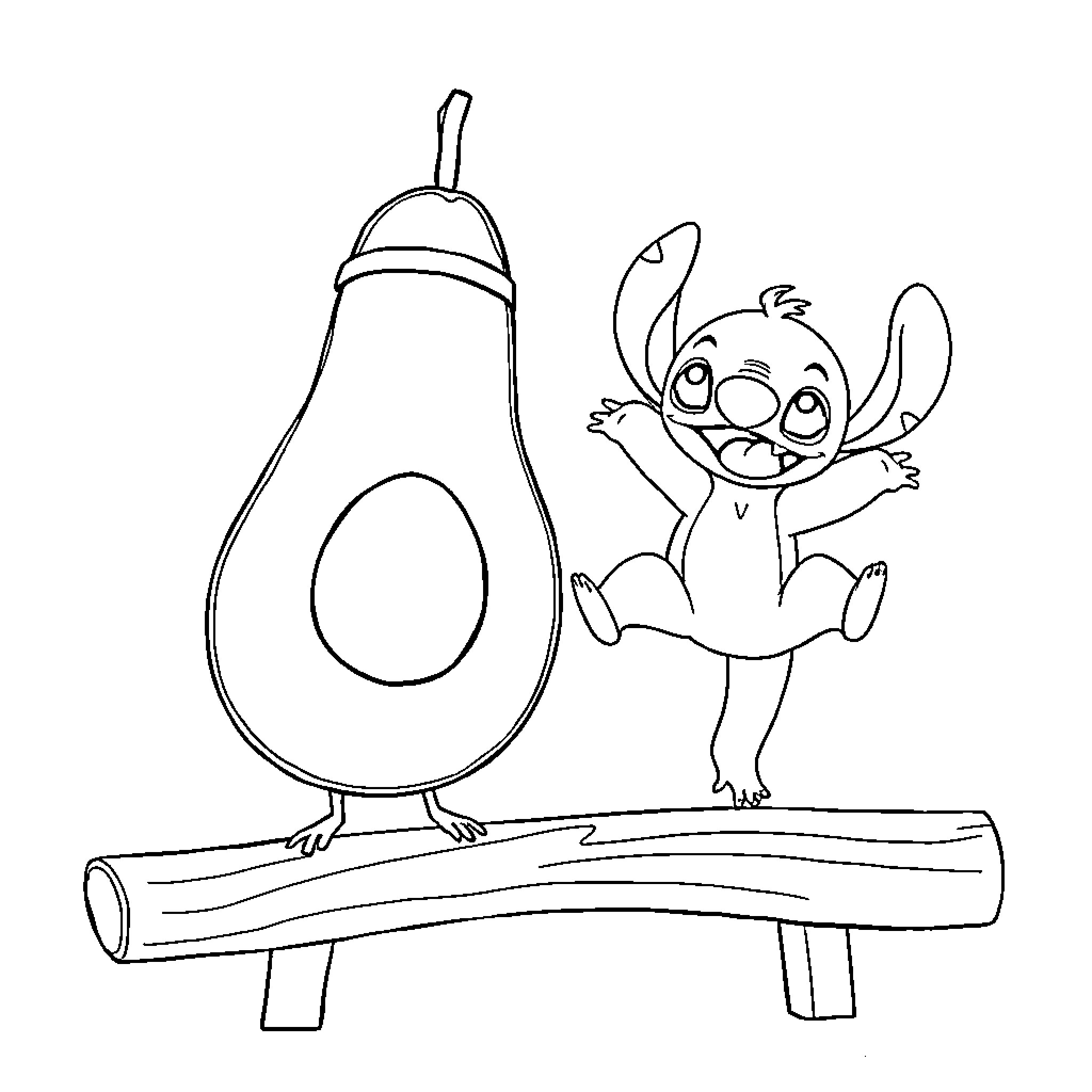 Avocado and Stitch playing together Coloring Page (free black-and-white line drawing printable PDF for all, from beginners to advanced learners, including children, teens, adults, and seniors)