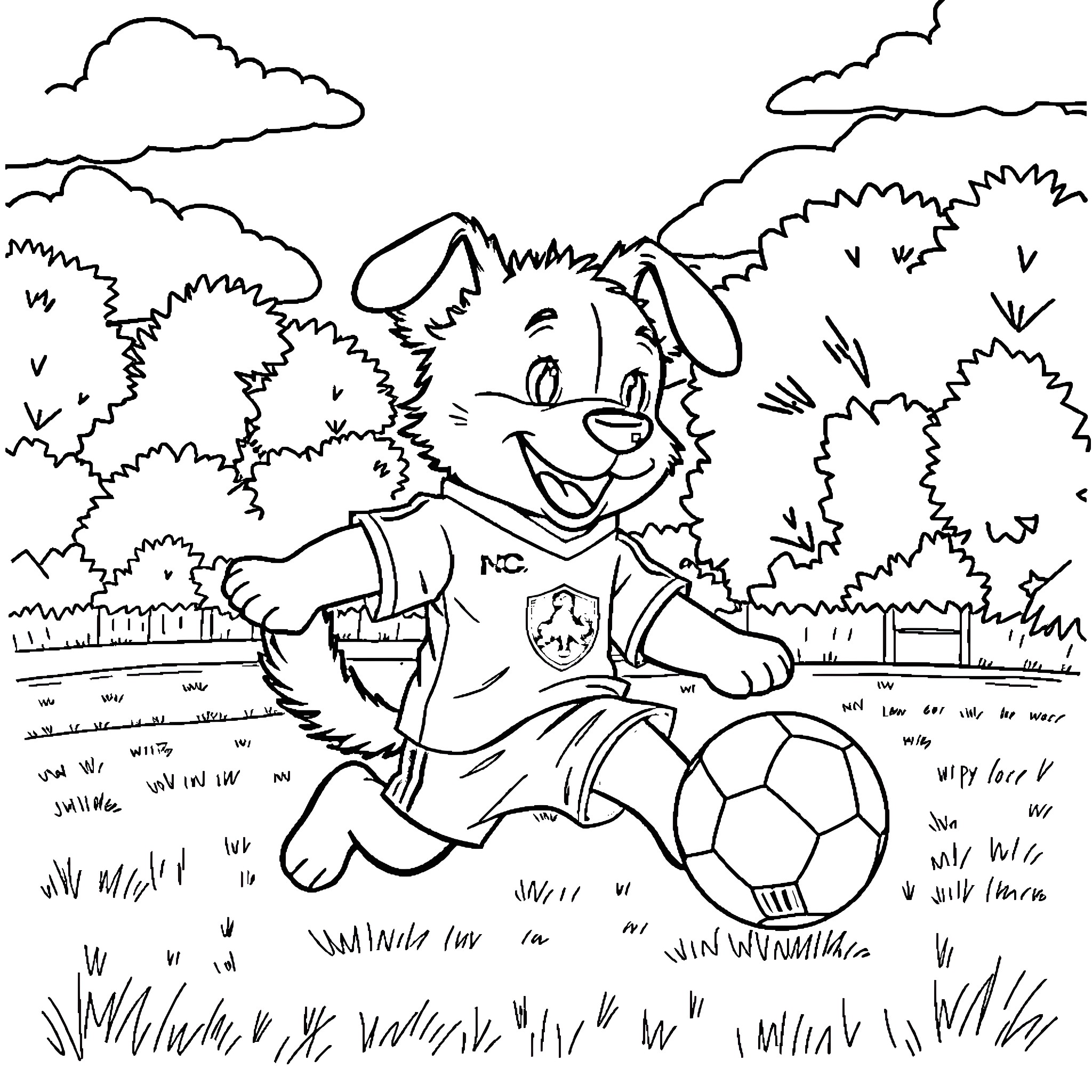 Bluey playing with soccer ball in the park Coloring Page (free black-and-white line drawing printable PDF for all, from beginners to advanced learners, including children, teens, adults, and seniors)
