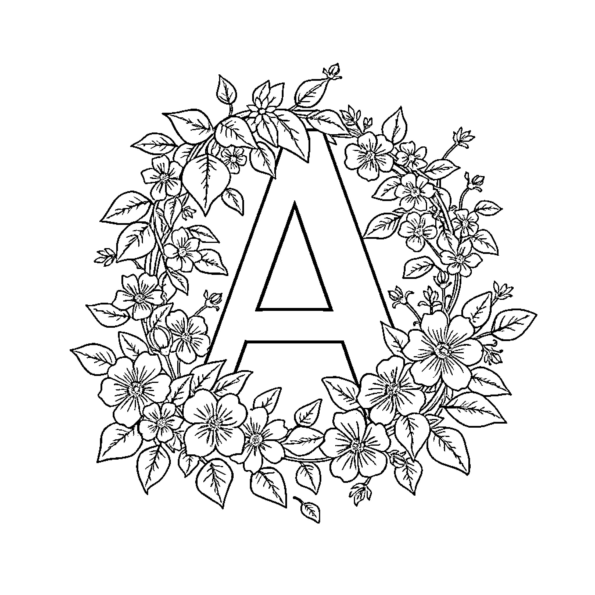 Letter A Surrounded by Floral Wreath Coloring Page (free black-and-white line drawing printable PDF for all, from beginners to advanced learners, including children, teens, adults, and seniors)