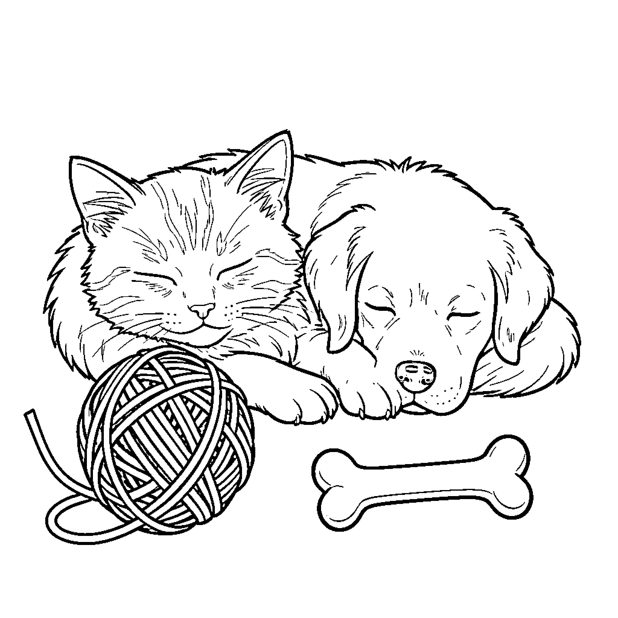 Kitten and puppy sleeping peacefully together with toys Coloring Page (free black-and-white line drawing printable PDF for all, from beginners to advanced learners, including children, teens, adults, and seniors)
