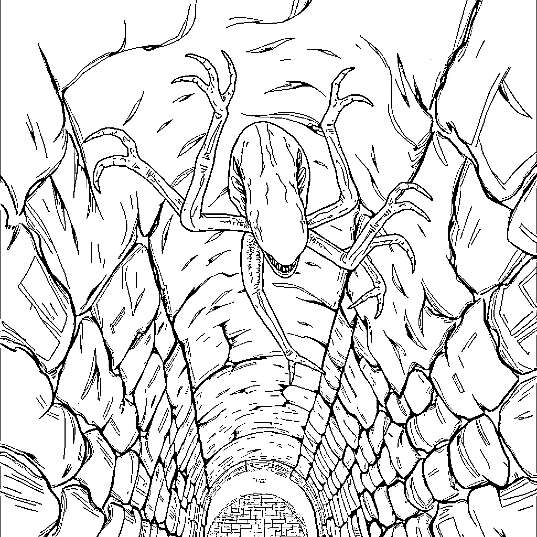 Alien Creature Navigating Through Surreal Cavern Coloring Page (free black-and-white line drawing printable PDF for all, from beginners to advanced learners, including children, teens, adults, and seniors)