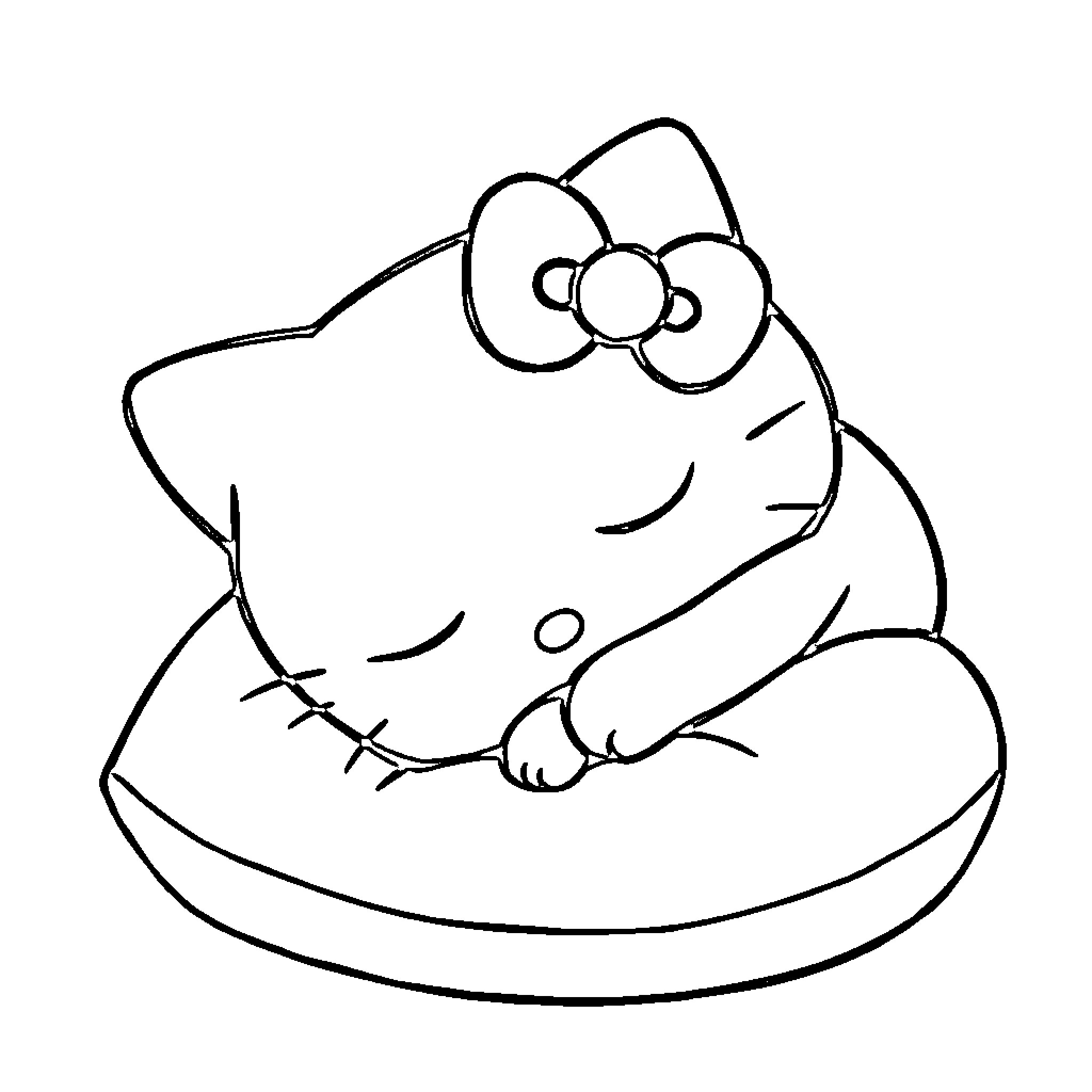 Hello Kitty sleeping peacefully on a cushion Coloring Page (free black-and-white line drawing printable PDF for all, from beginners to advanced learners, including children, teens, adults, and seniors)