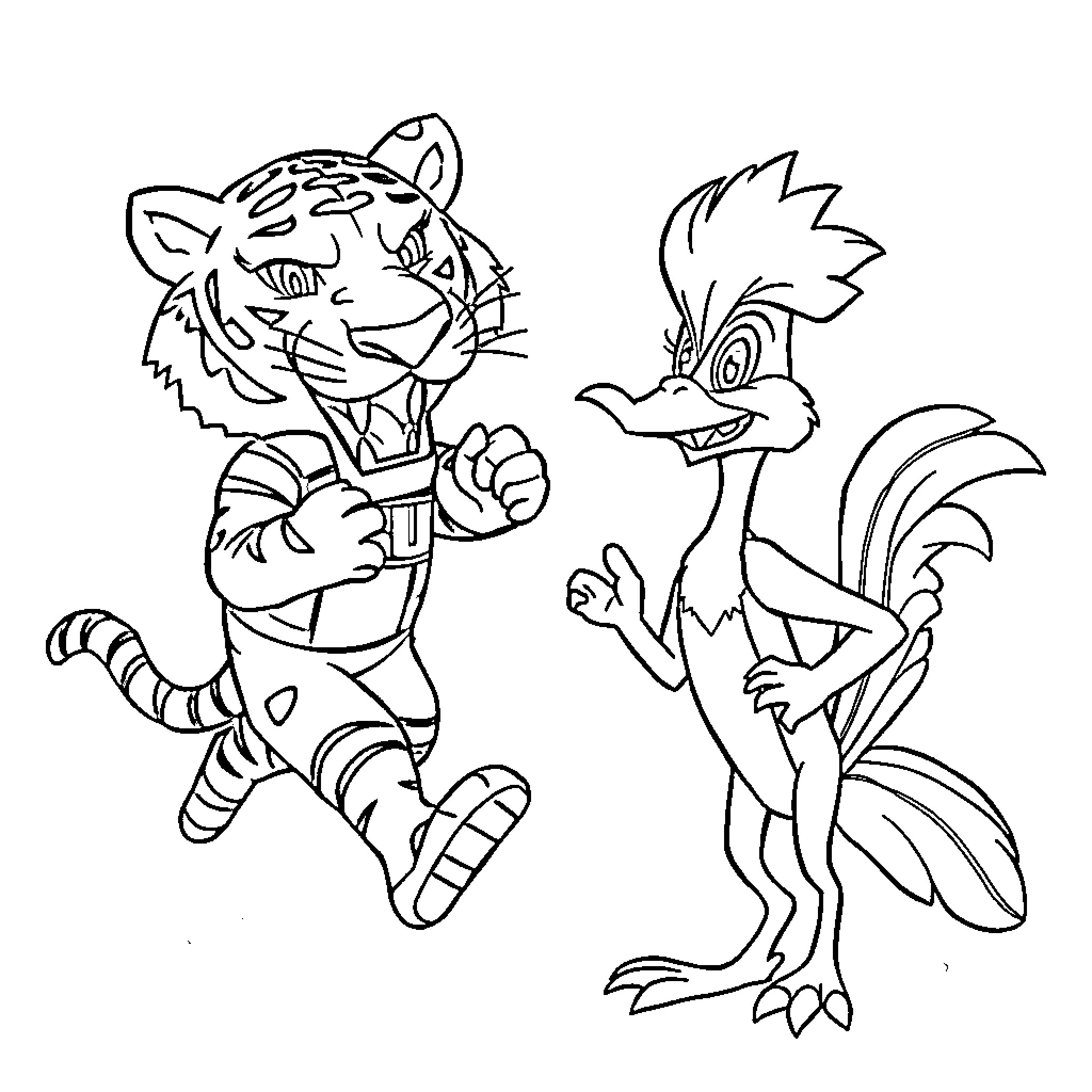 Mascot characters in playful poses Coloring Page (free black-and-white line drawing printable PDF for all, from beginners to advanced learners, including children, teens, adults, and seniors)