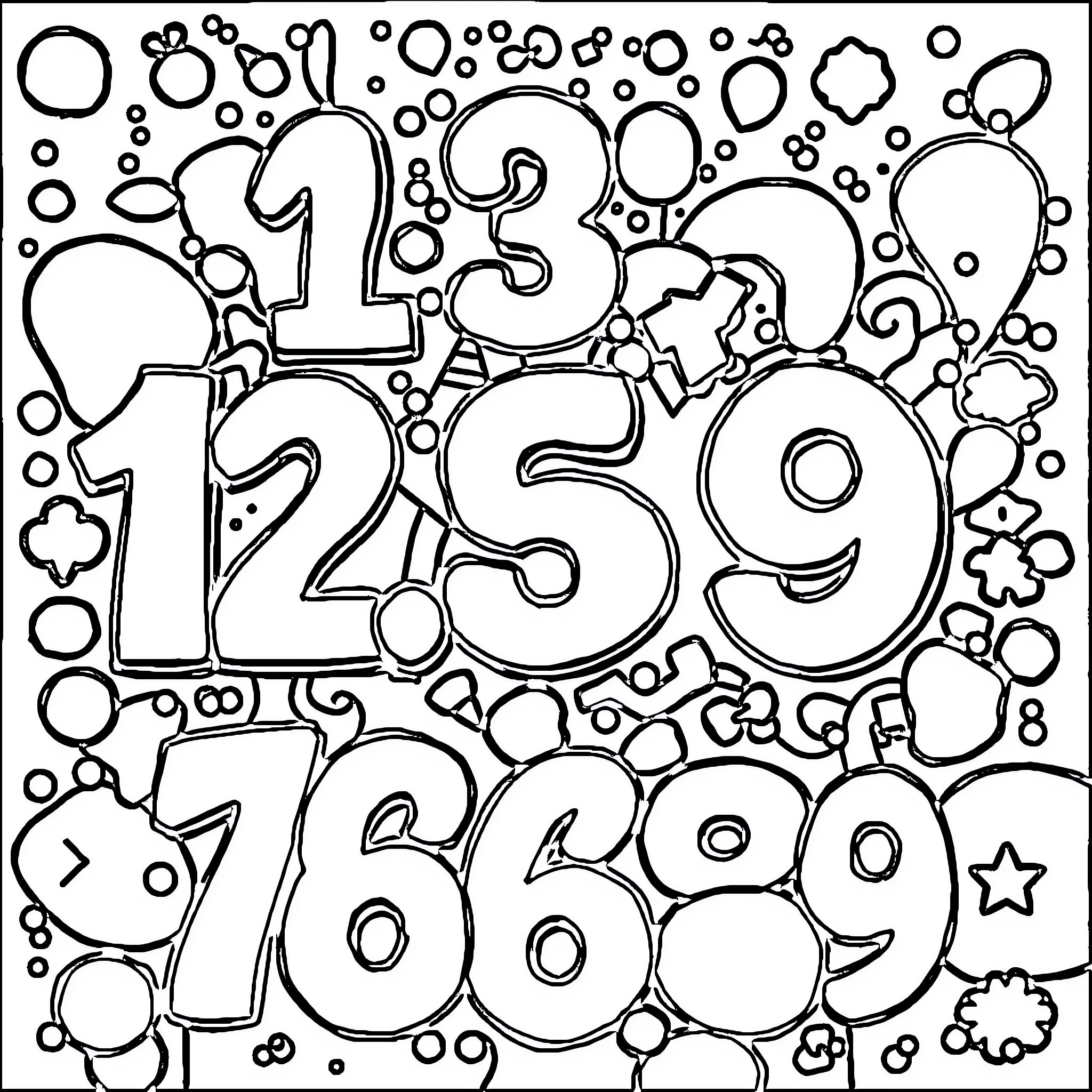 Number Playful Numeric Shapes with Circles Coloring Page (free black-and-white line drawing printable PDF for all, from beginners to advanced learners, including children, teens, adults, and seniors)