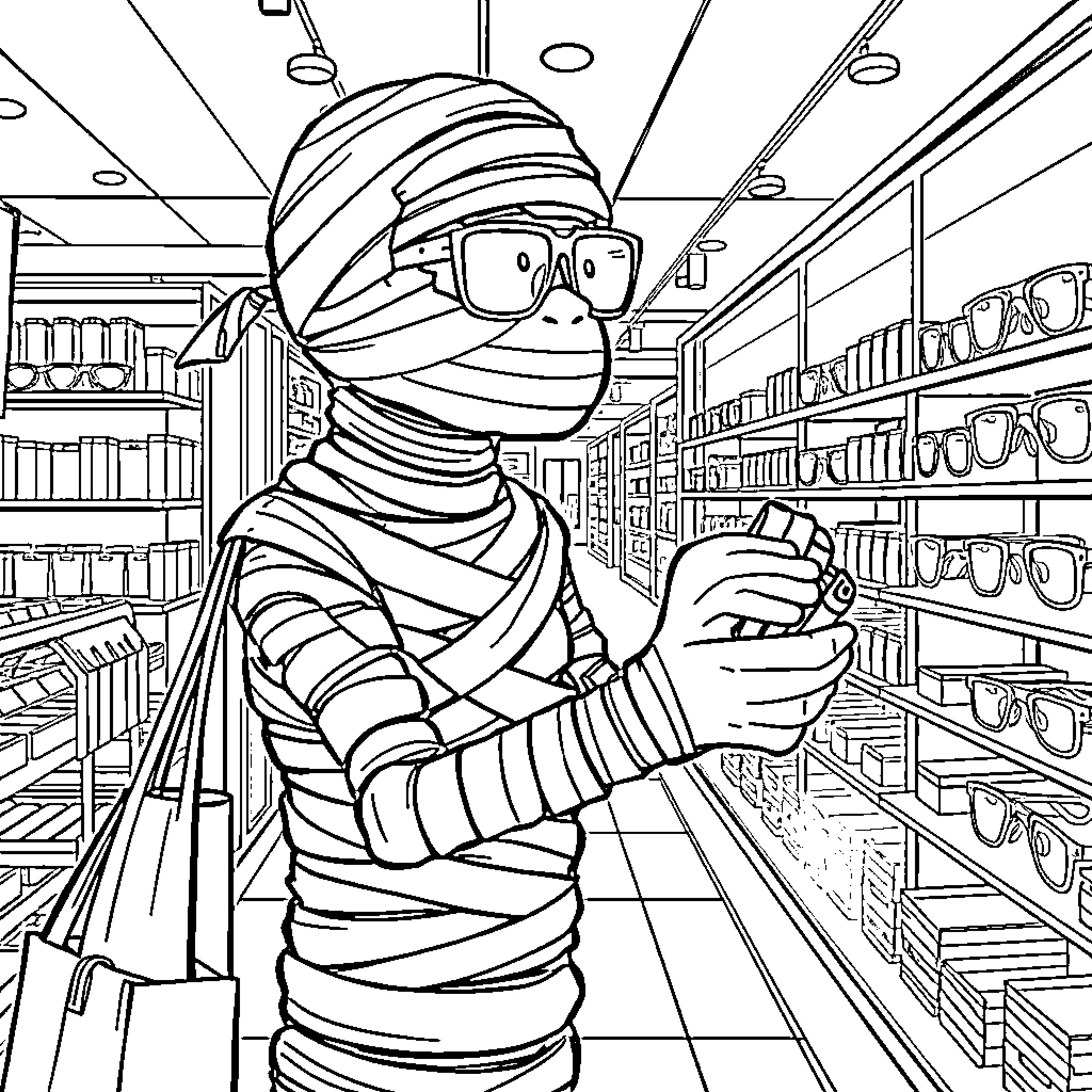 Mummy browsing the aisles of a supermarket Coloring Page (free black-and-white line drawing printable PDF for all, from beginners to advanced learners, including children, teens, adults, and seniors)