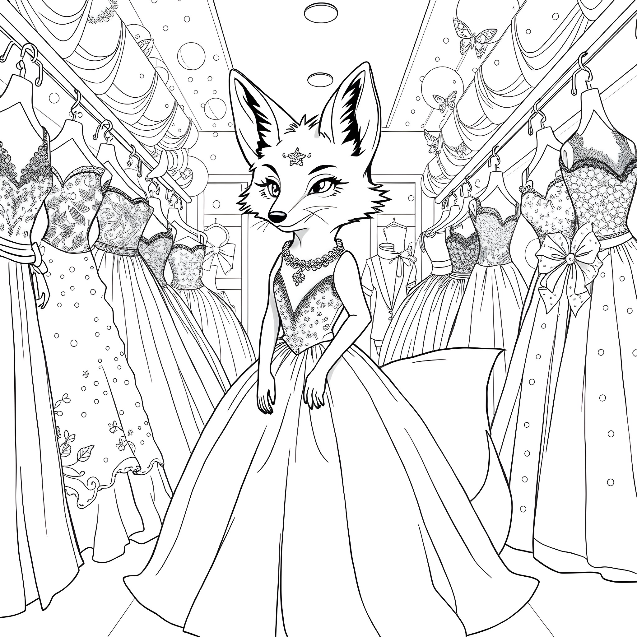 Fox dressed in elegant gown surrounded by fancy dresses Coloring Page (free black-and-white line drawing printable PDF for all, from beginners to advanced learners, including children, teens, adults, and seniors)