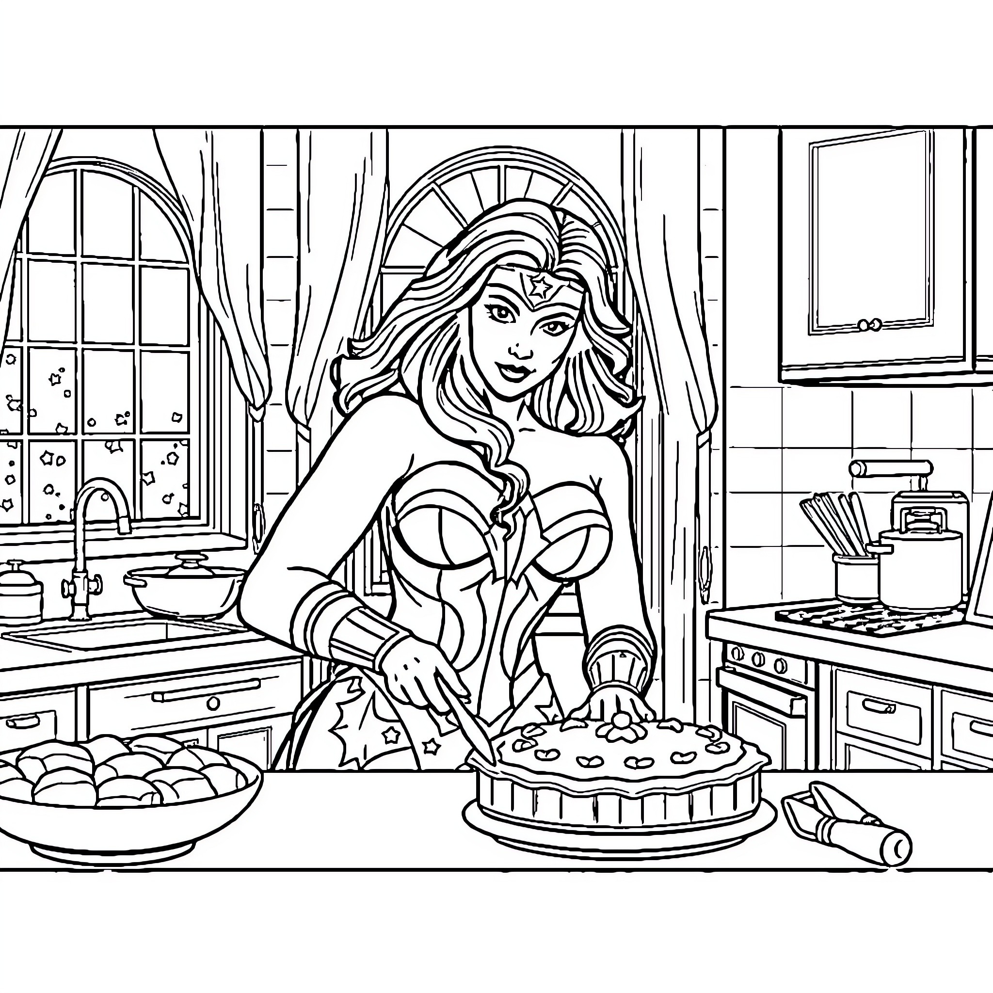 Wonder Woman baking cookies in a kitchen Coloring Page (free black-and-white line drawing printable PDF for all, from beginners to advanced learners, including children, teens, adults, and seniors)