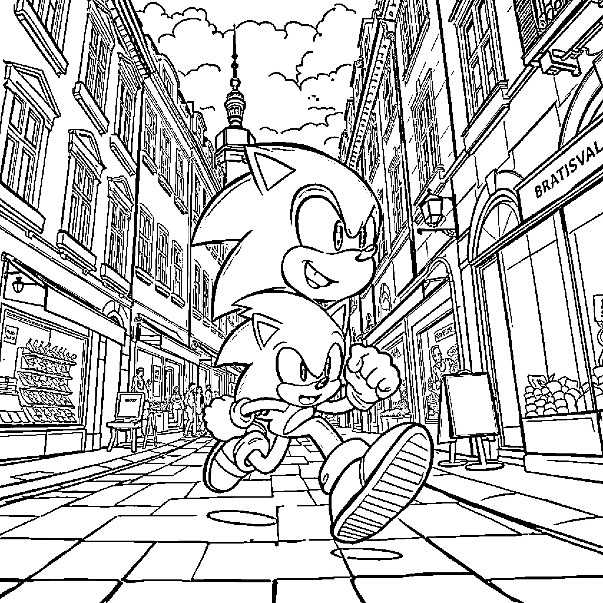 Sonic speeding through the city streets Coloring Page (free black-and-white line drawing printable PDF for all, from beginners to advanced learners, including children, teens, adults, and seniors)