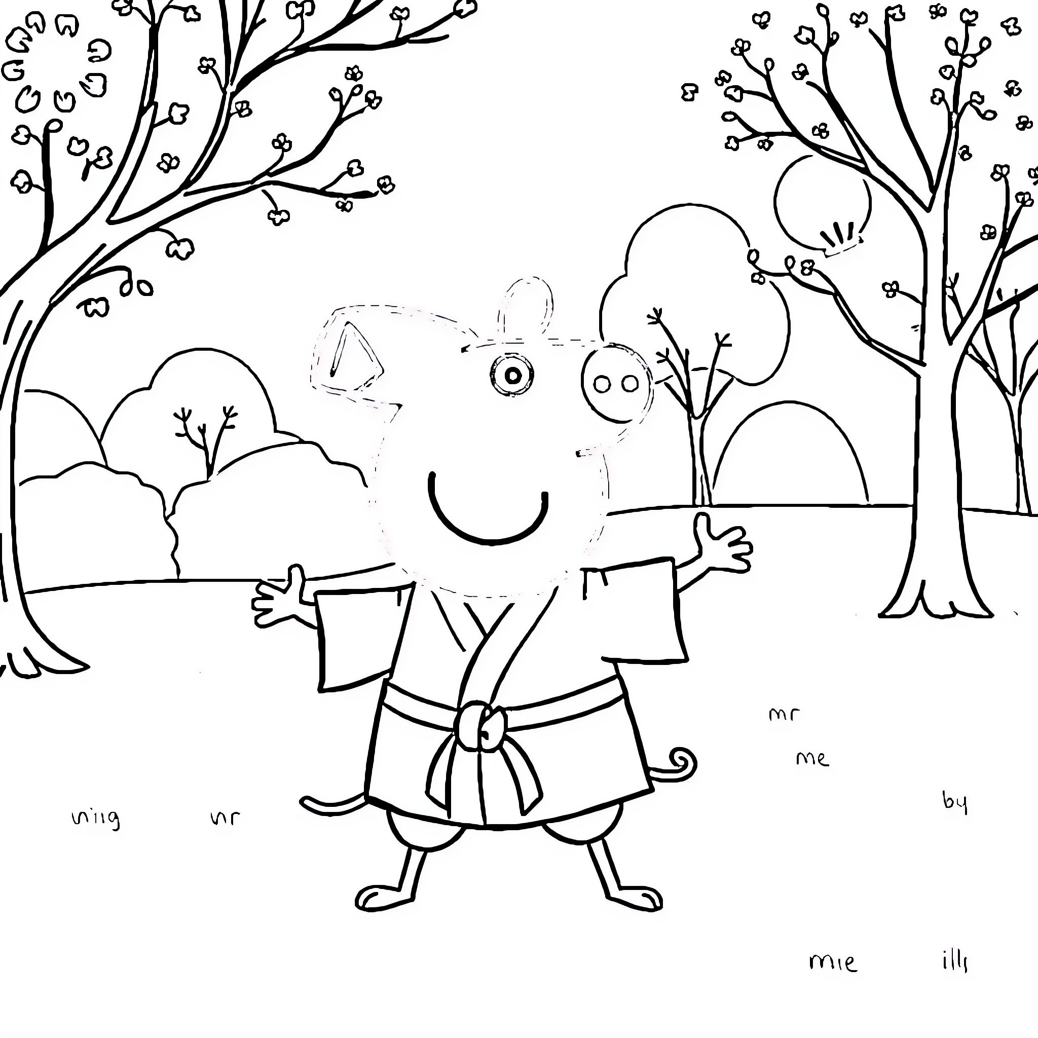 Peppa Pig enjoying a spring walk in the forest Coloring Page (free black-and-white line drawing printable PDF for all, from beginners to advanced learners, including children, teens, adults, and seniors)