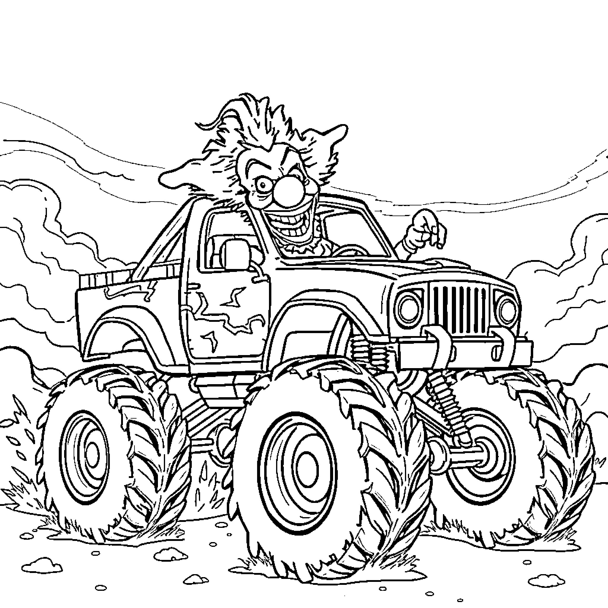 Zombie driving a monstrous off-road vehicle Coloring Page (free black-and-white line drawing printable PDF for all, from beginners to advanced learners, including children, teens, adults, and seniors)