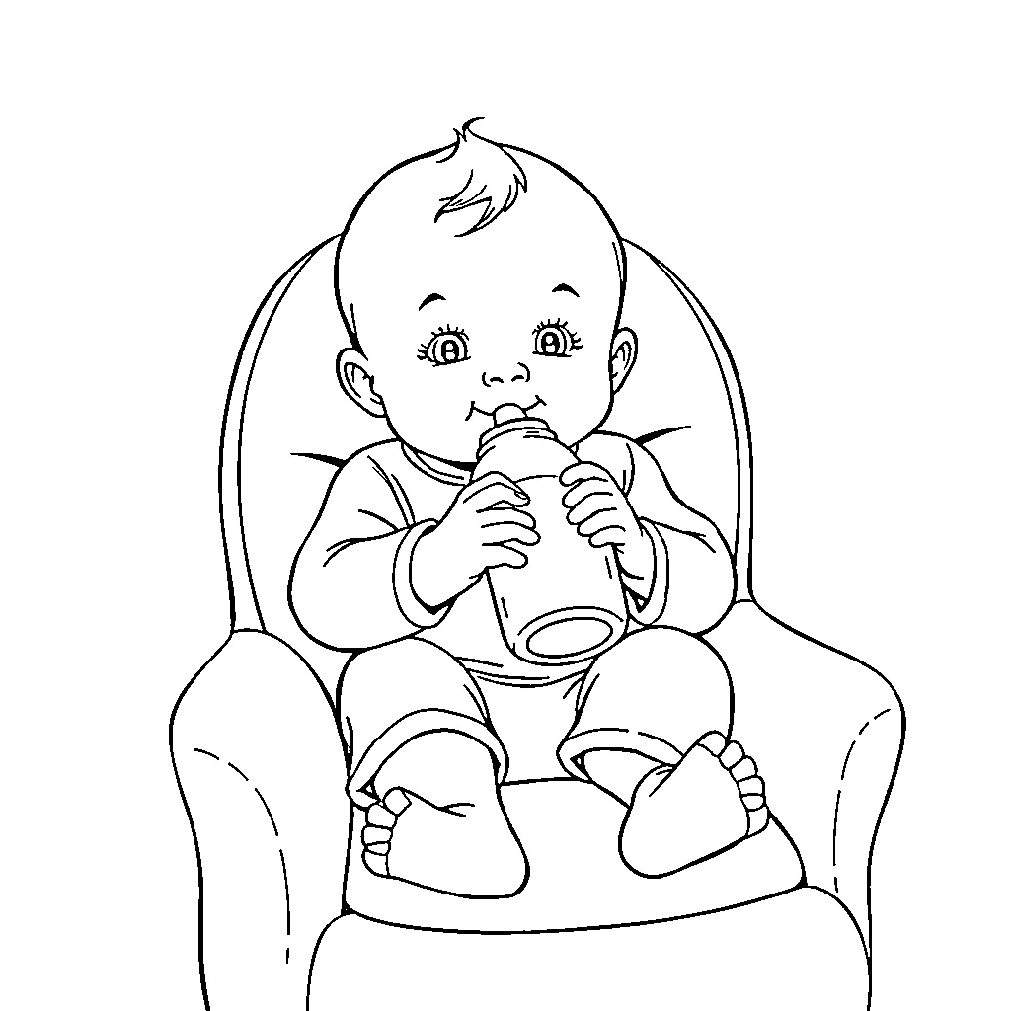 Baby drinking from a bottle happily Coloring Page (free black-and-white line drawing printable PDF for all, from beginners to advanced learners, including children, teens, adults, and seniors)