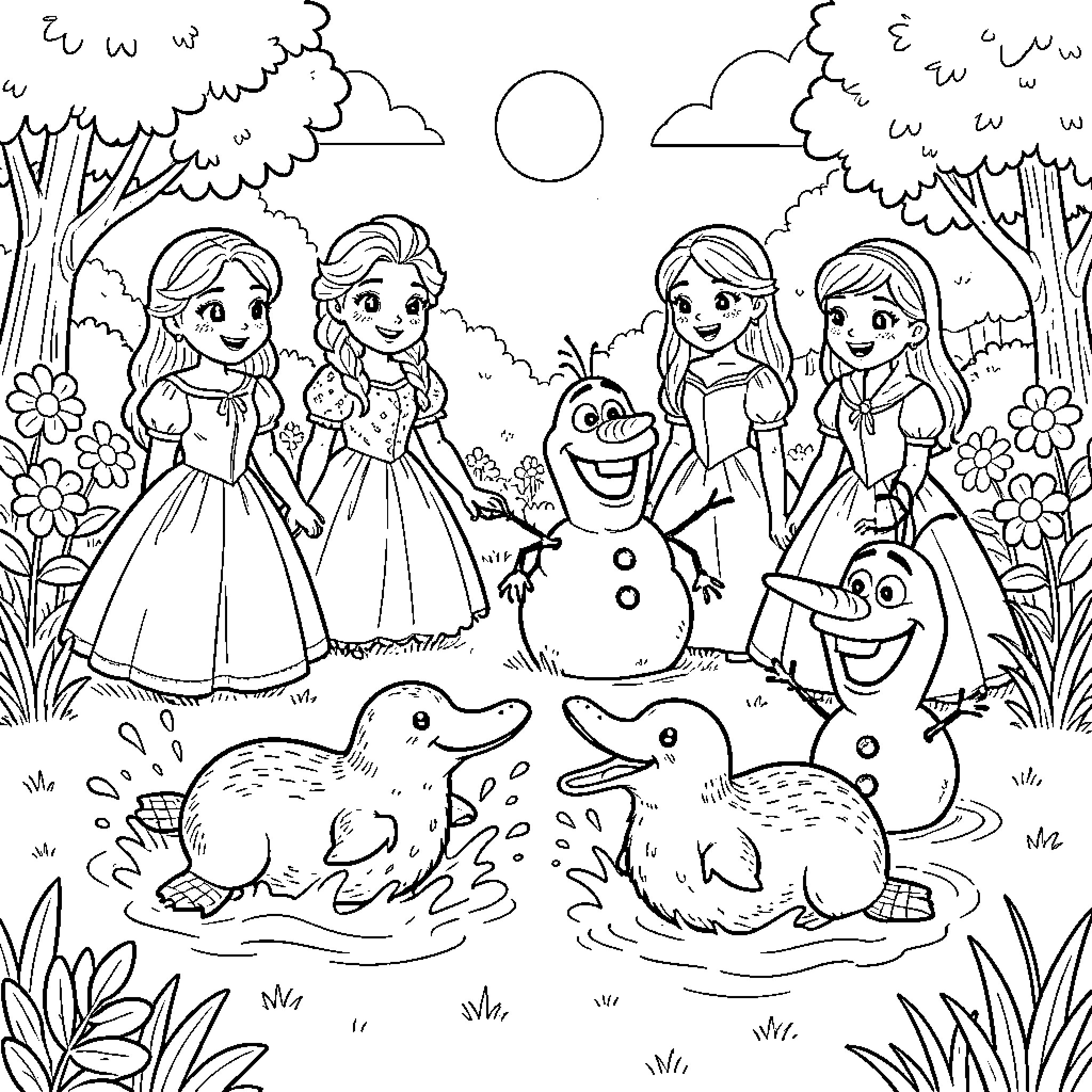 Platypus playing with friends in a forest scene Coloring Page (free black-and-white line drawing printable PDF for all, from beginners to advanced learners, including children, teens, adults, and seniors)