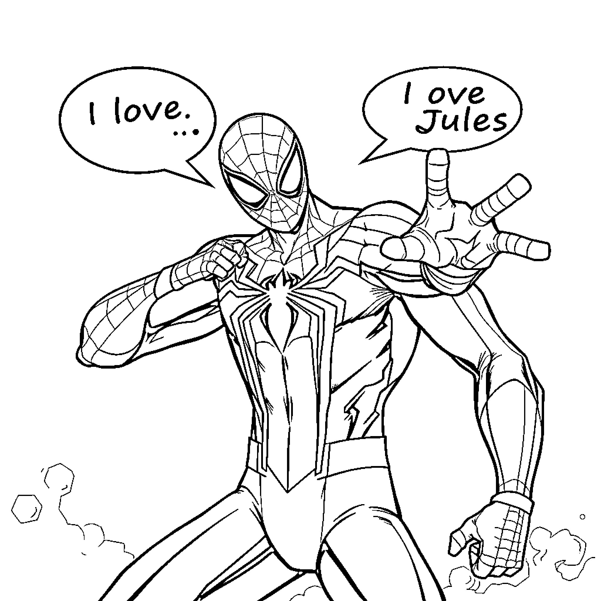 Spiderman 2099 expresses love and affection Coloring Page (free black-and-white line drawing printable PDF for all, from beginners to advanced learners, including children, teens, adults, and seniors)