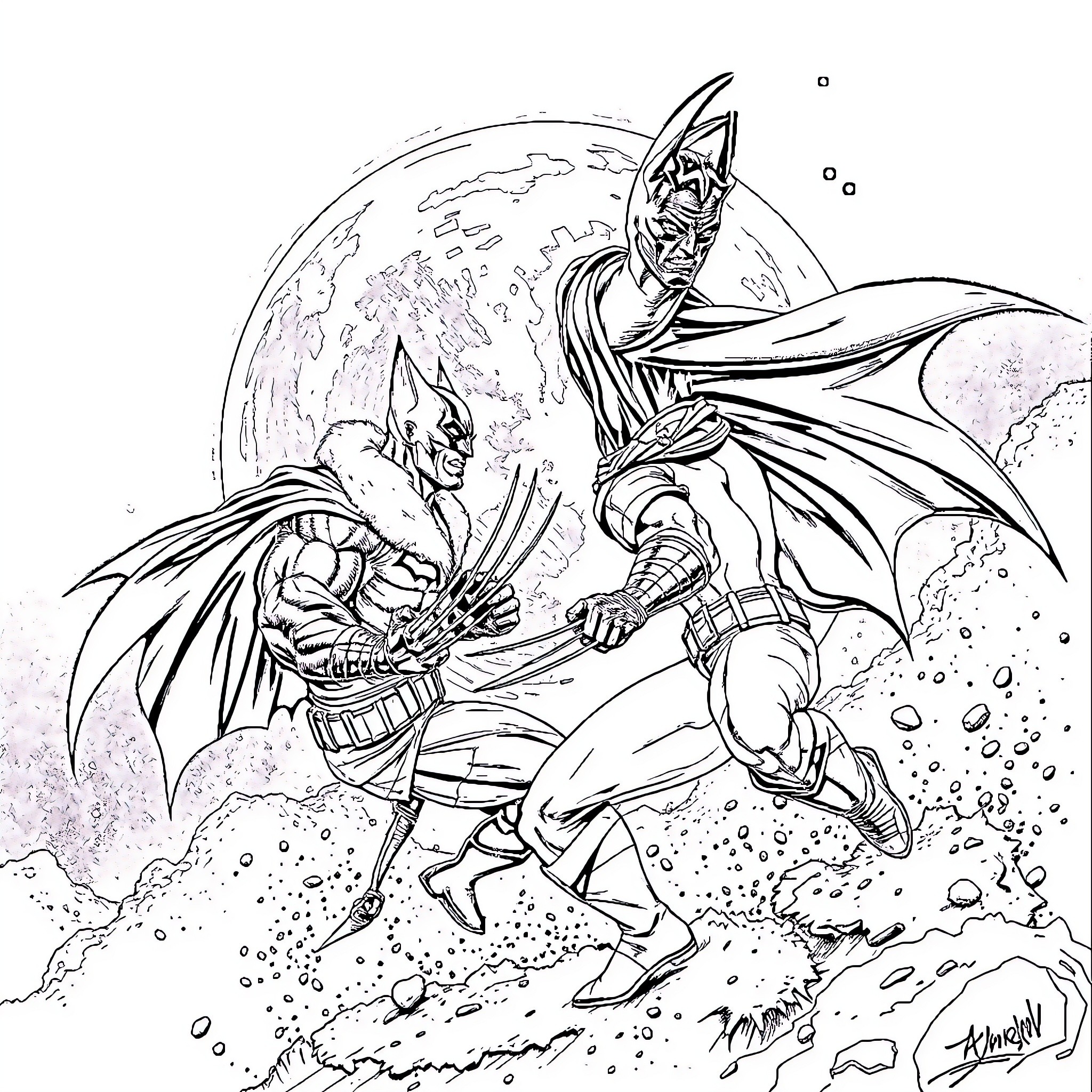 Batman battles a formidable foe in the night Coloring Page (free black-and-white line drawing printable PDF for all, from beginners to advanced learners, including children, teens, adults, and seniors)