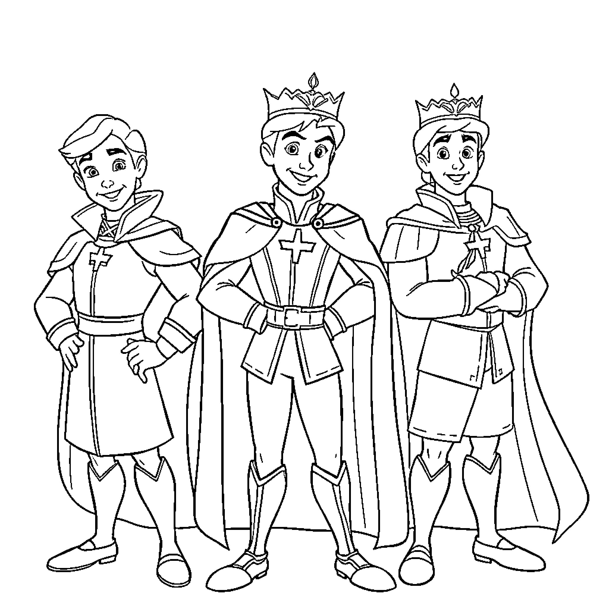 Disney Princes Dressed in Royal Attire Coloring Page (free black-and-white line drawing printable PDF for all, from beginners to advanced learners, including children, teens, adults, and seniors)