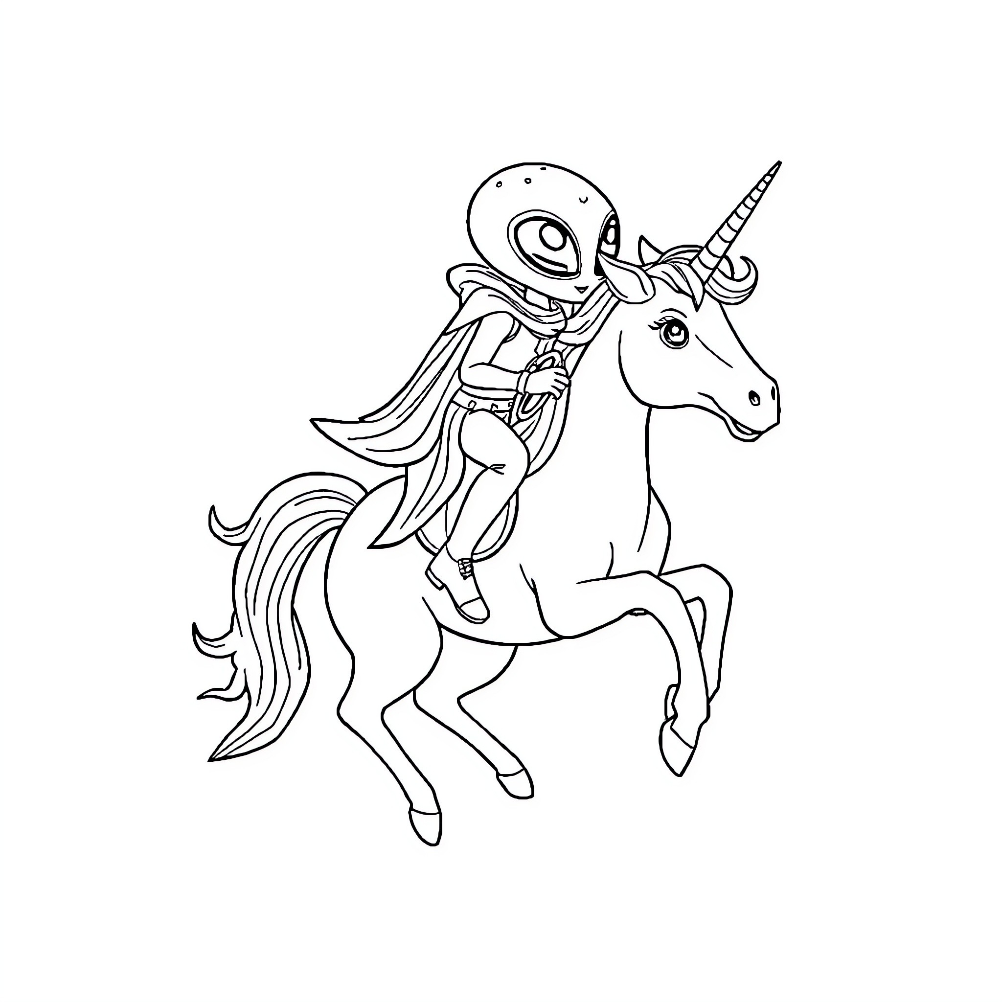 Roger riding a unicorn in a whimsical scene Coloring Page (free black-and-white line drawing printable PDF for all, from beginners to advanced learners, including children, teens, adults, and seniors)