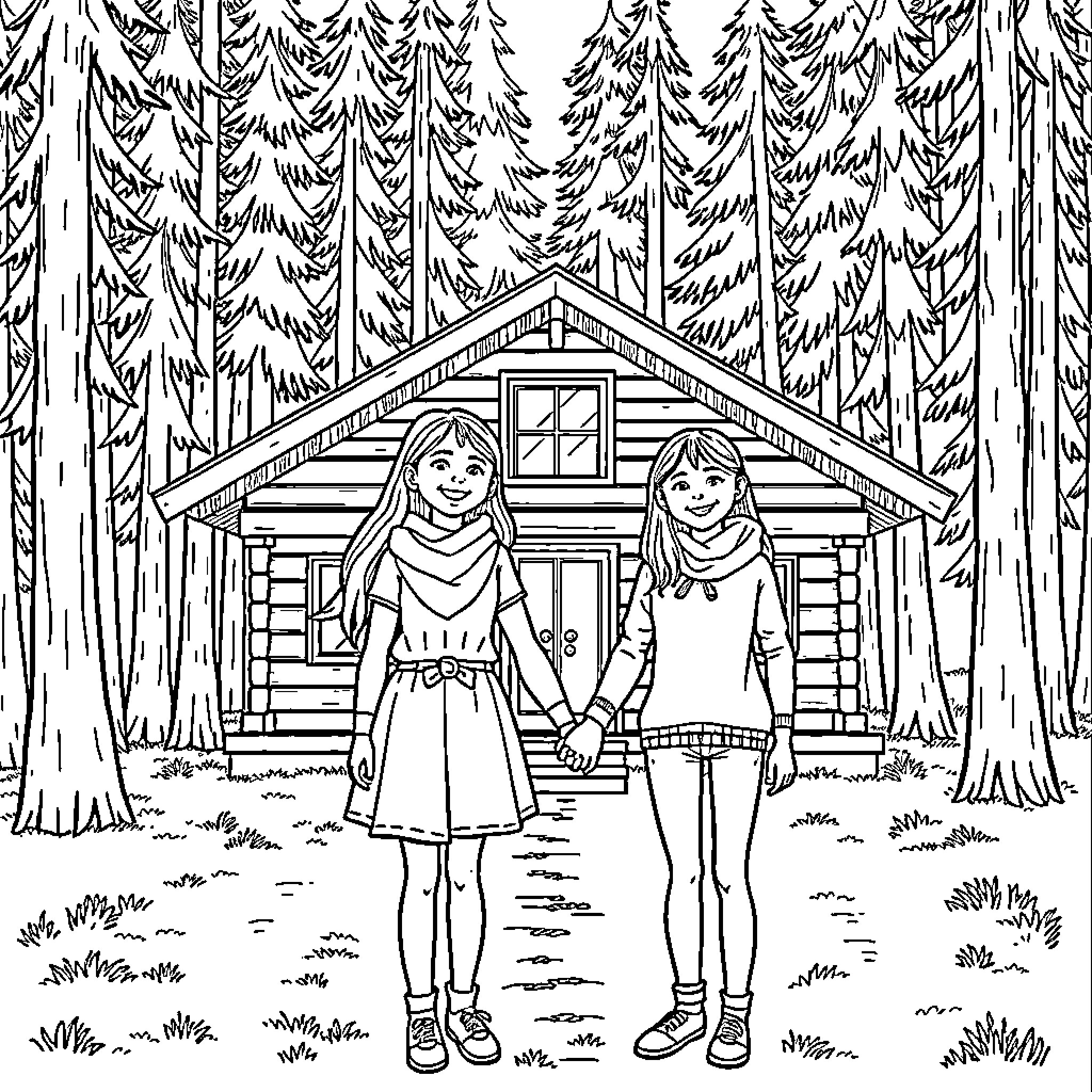 Girls enjoying a winter cabin in the woods Coloring Page (free black-and-white line drawing printable PDF for all, from beginners to advanced learners, including children, teens, adults, and seniors)